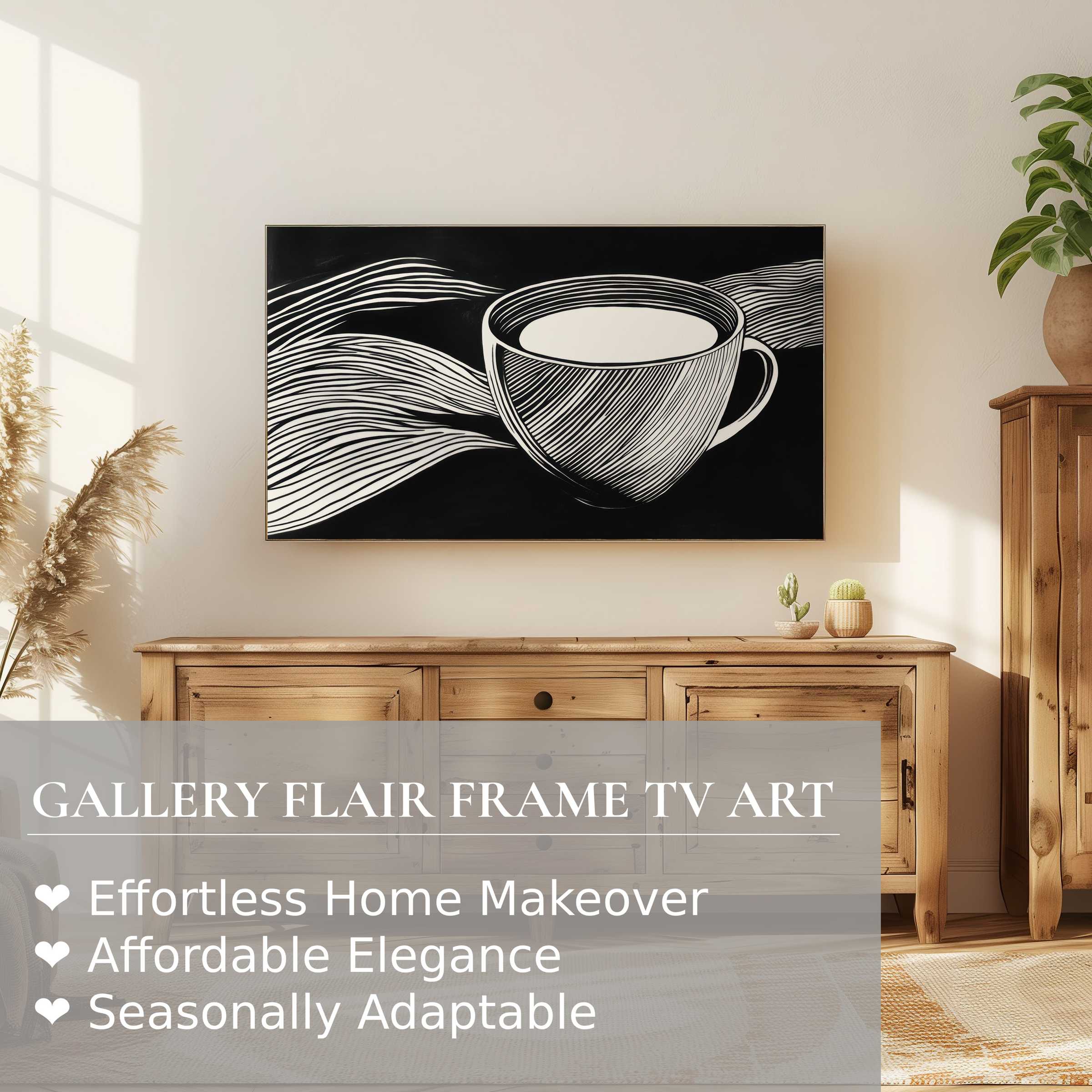 Samsung Frame TV displaying refined black and white digital artwork of a cup in a stylish, serene living room setting