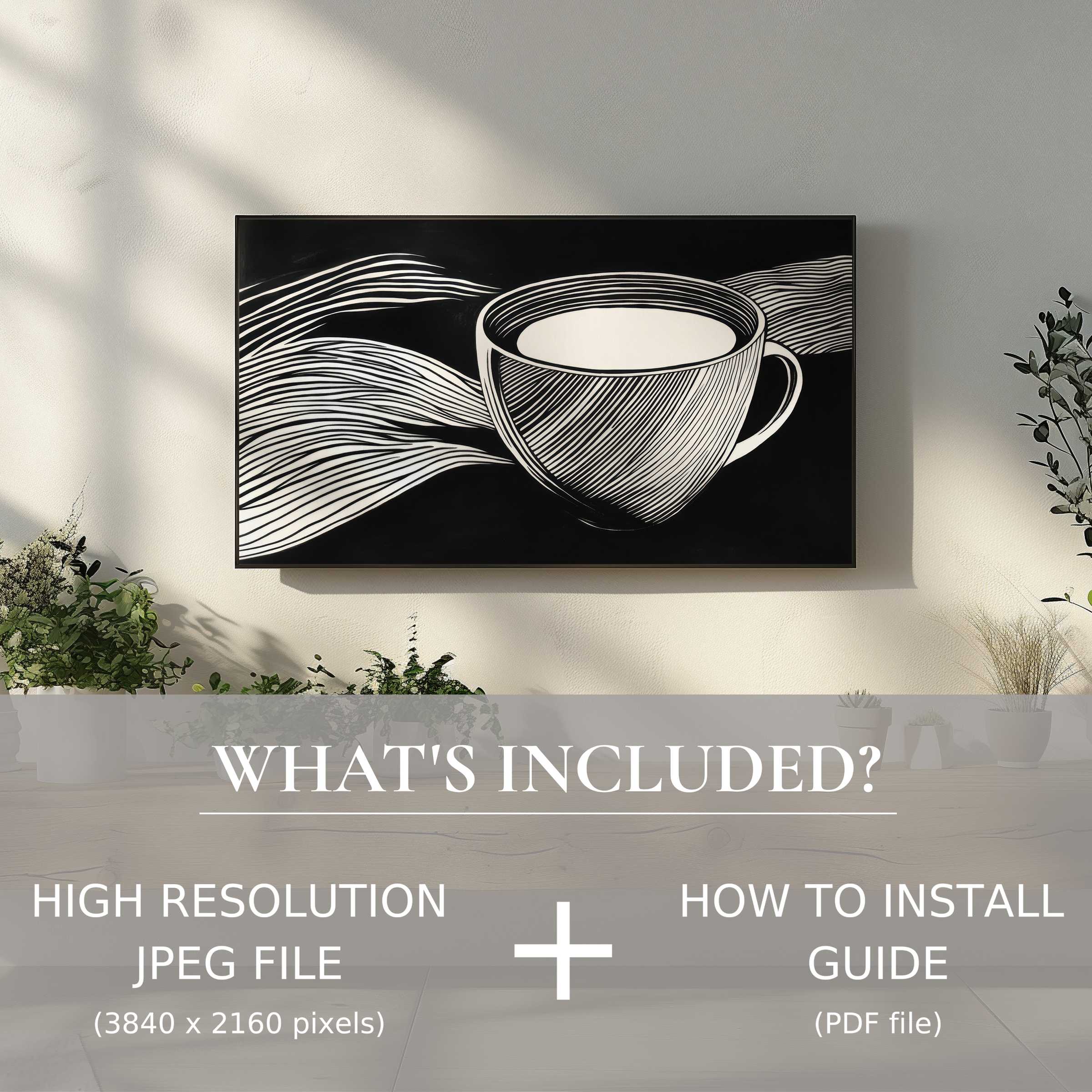 Elegant black and white digital TV art download with easy use, enhancing modern living spaces with stylish simplicity
