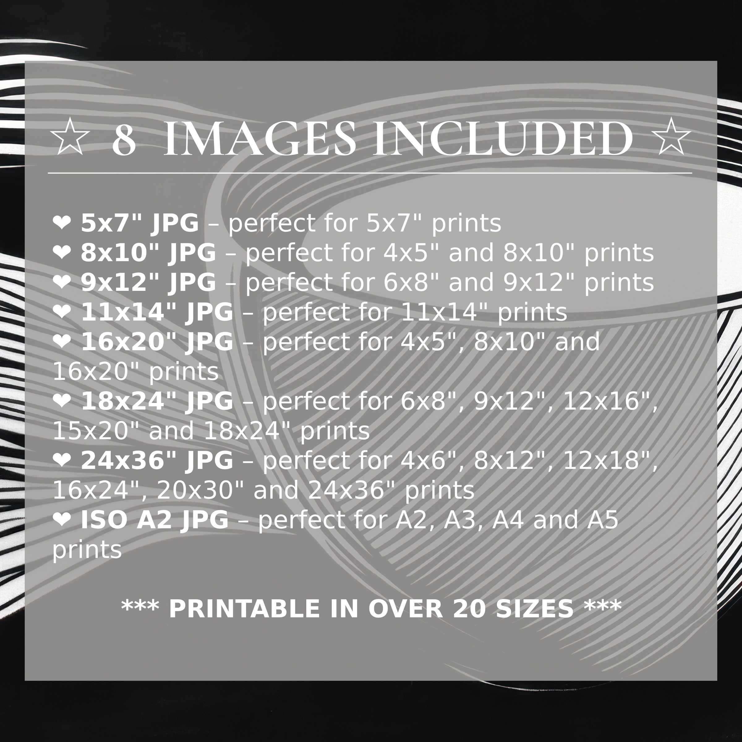 Black and white digital print with bold, flowing contrasts, available in 8 high-quality sizes included for versatile, modern interior styling