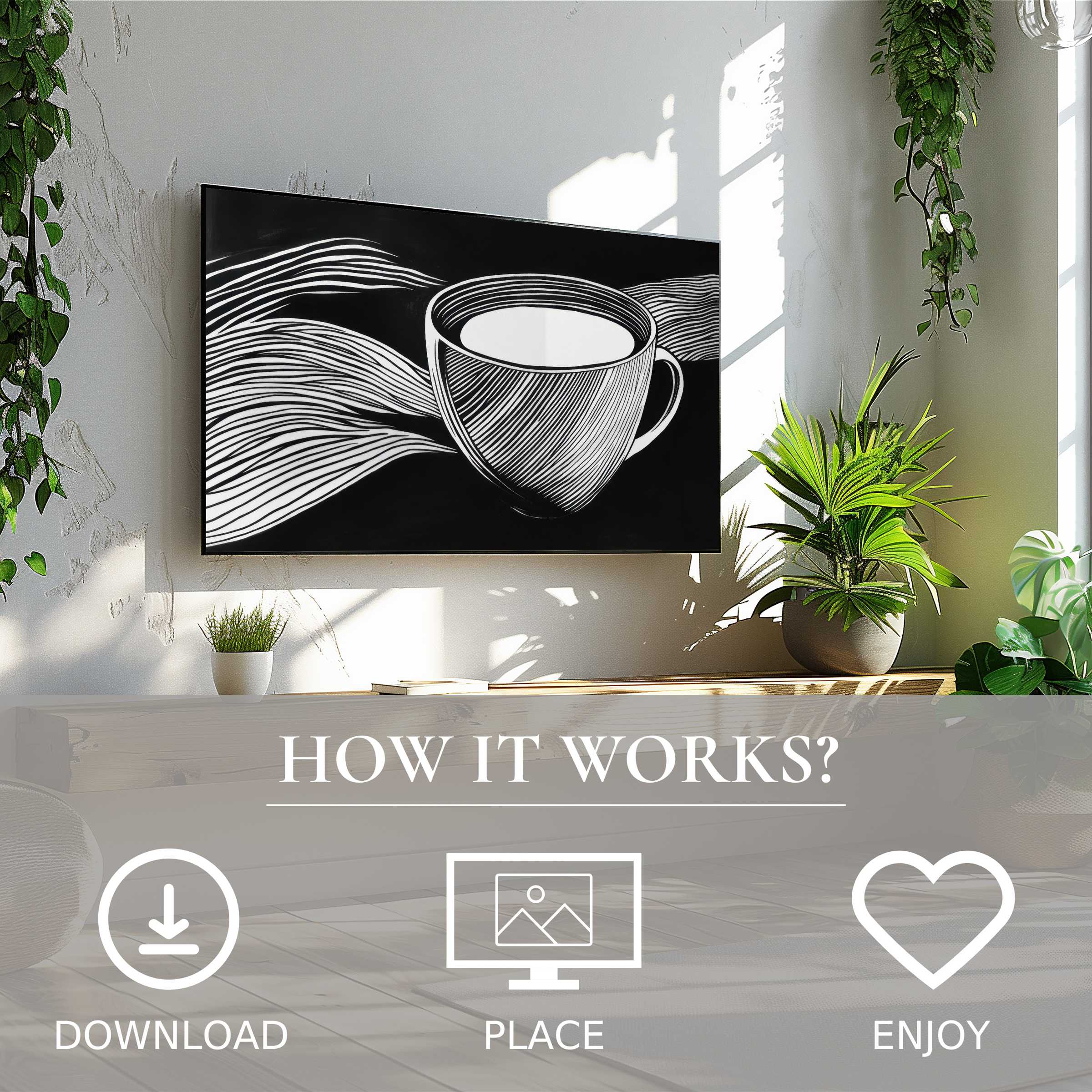 Modern living room with black and white art for Samsung TV showing an abstract cup and lines, easy digital download