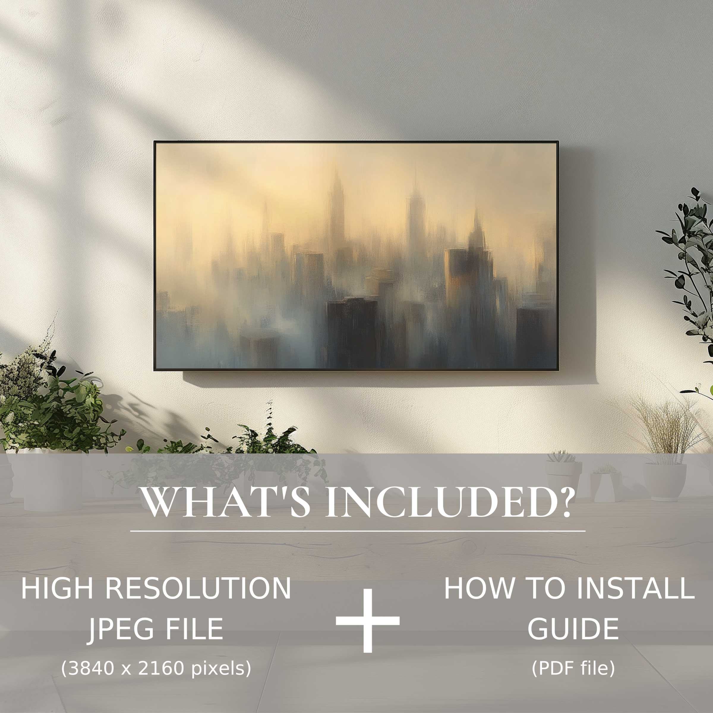 Elegant urban digital TV art download enhances modern living spaces with easy, high-res JPEG for stylish decor