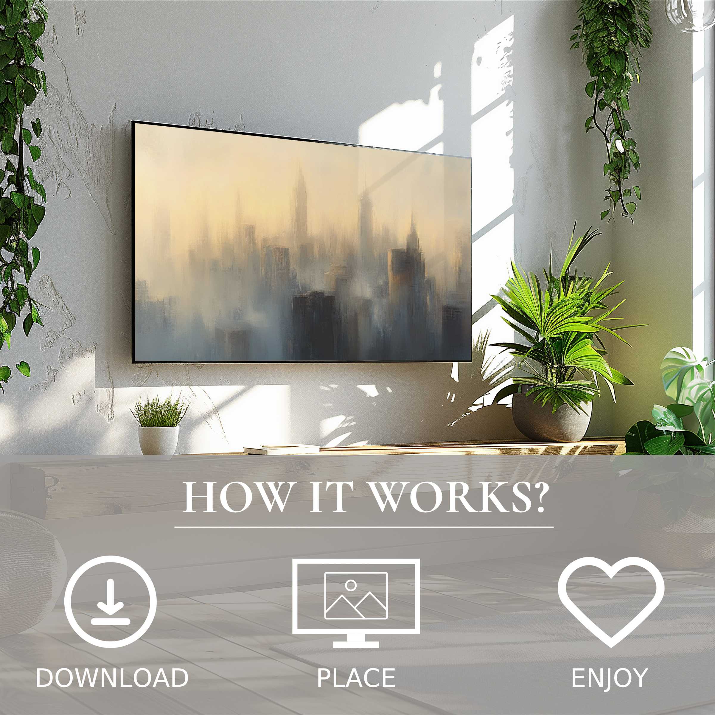 Urban art for Samsung TV in a bright room, soft sunset tones cityscape, easy digital download enriches your space