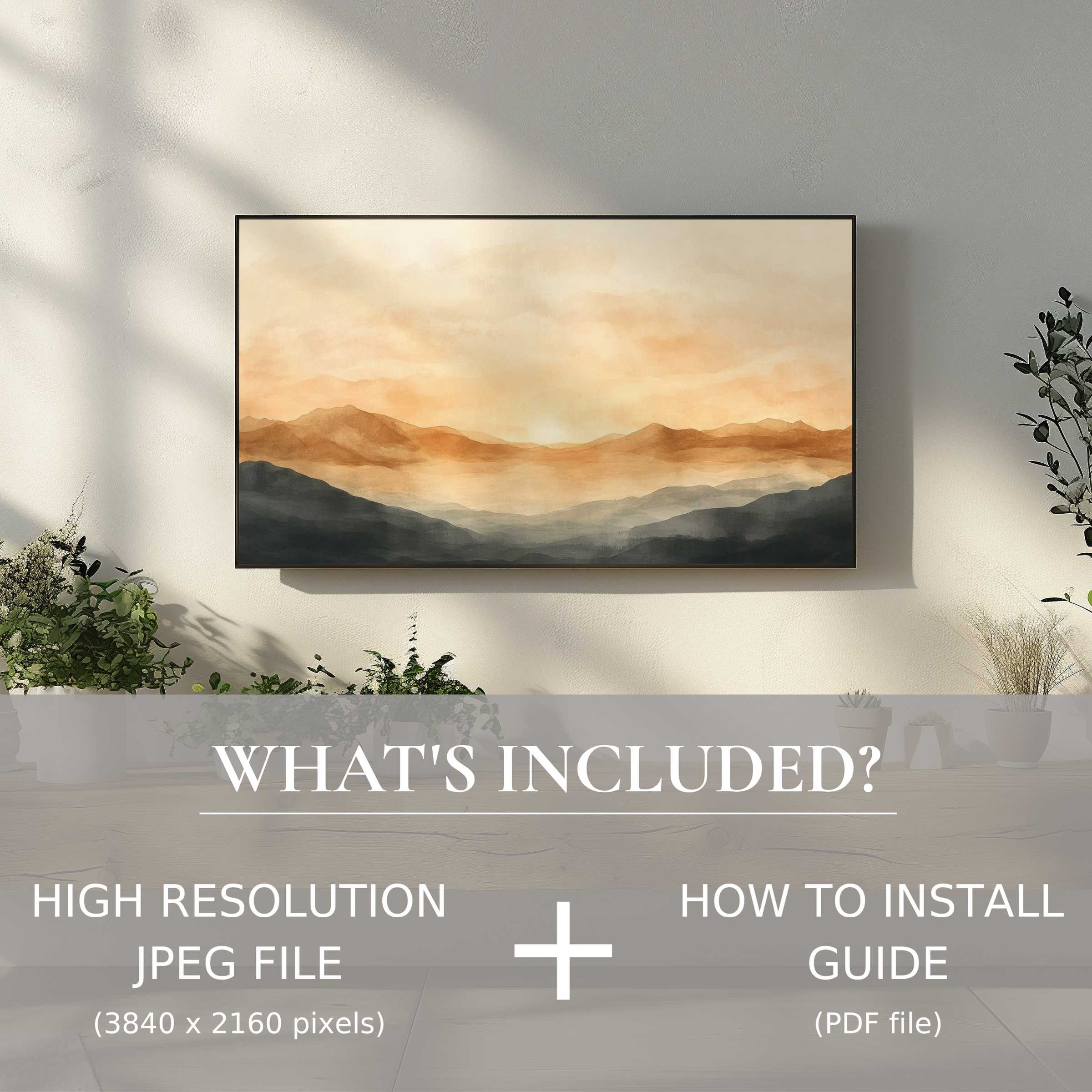Neutral digital TV art download showcasing warm mountain hues, enhancing spaces with modern, easy-to-use digital elegance