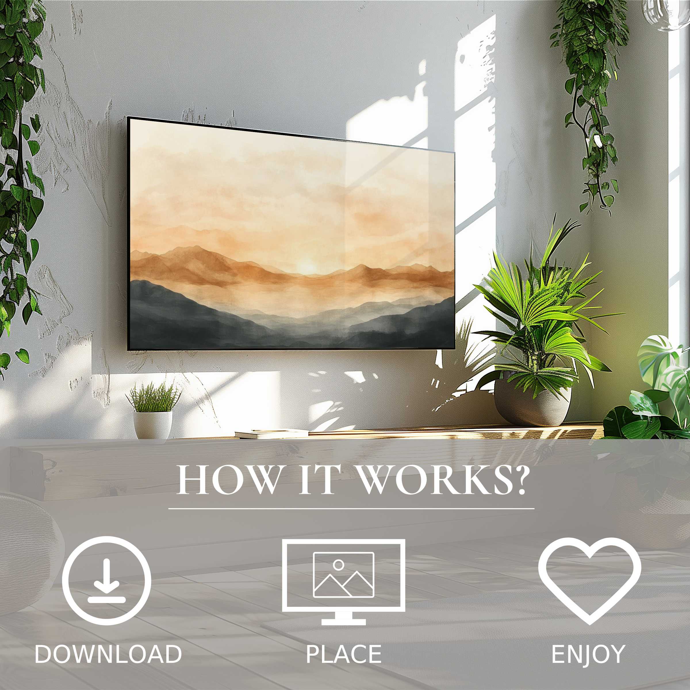 Neutral art for Samsung TV shows soft sunset tones on The Frame, easy digital download enriches sleek, plant-filled living spaces