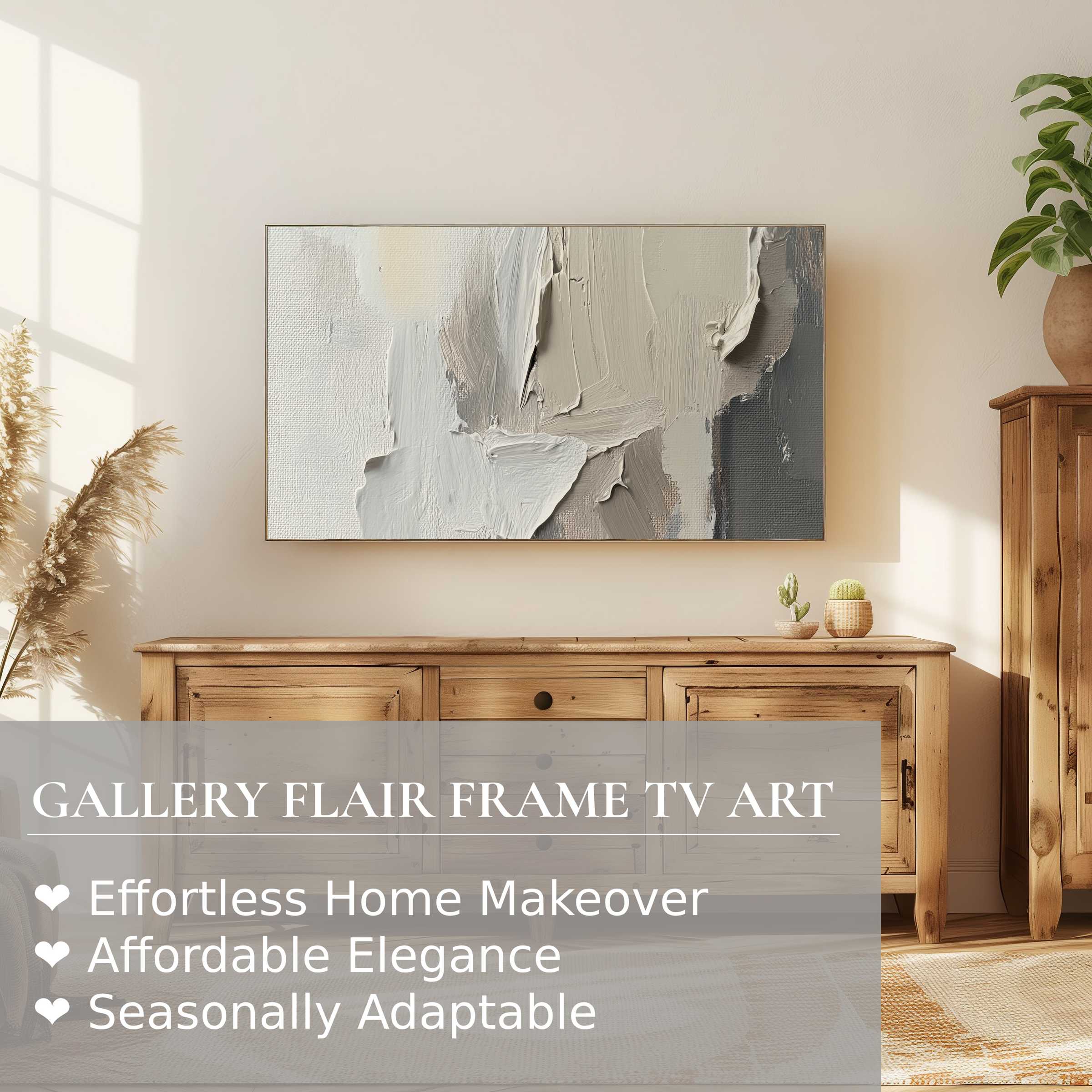 Samsung Frame TV showcases textured modern digital artwork in a sunlit room with natural wood and plants