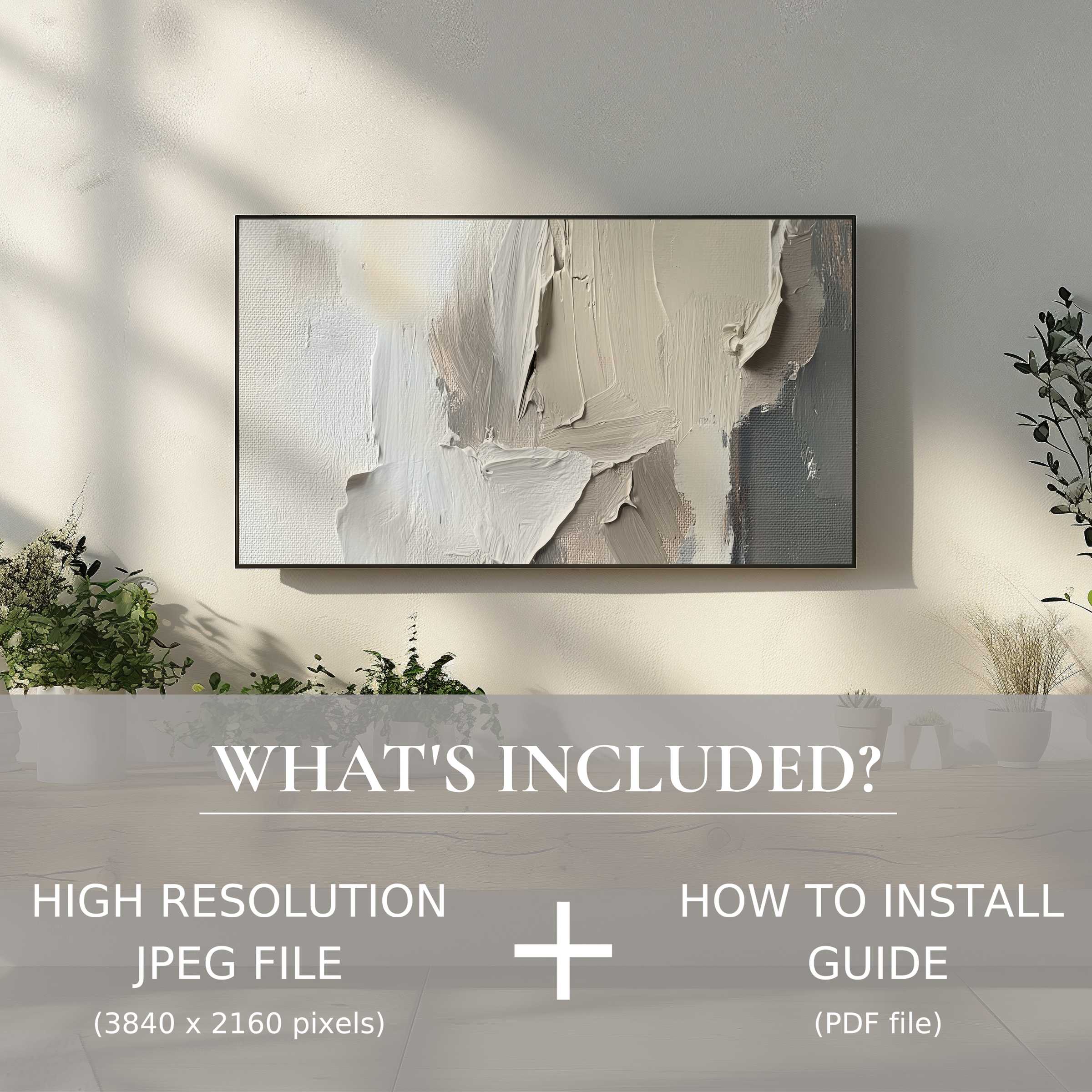 Modern digital TV art download showcasing textured neutrals, enhancing living spaces with effortless, elegant digital decor