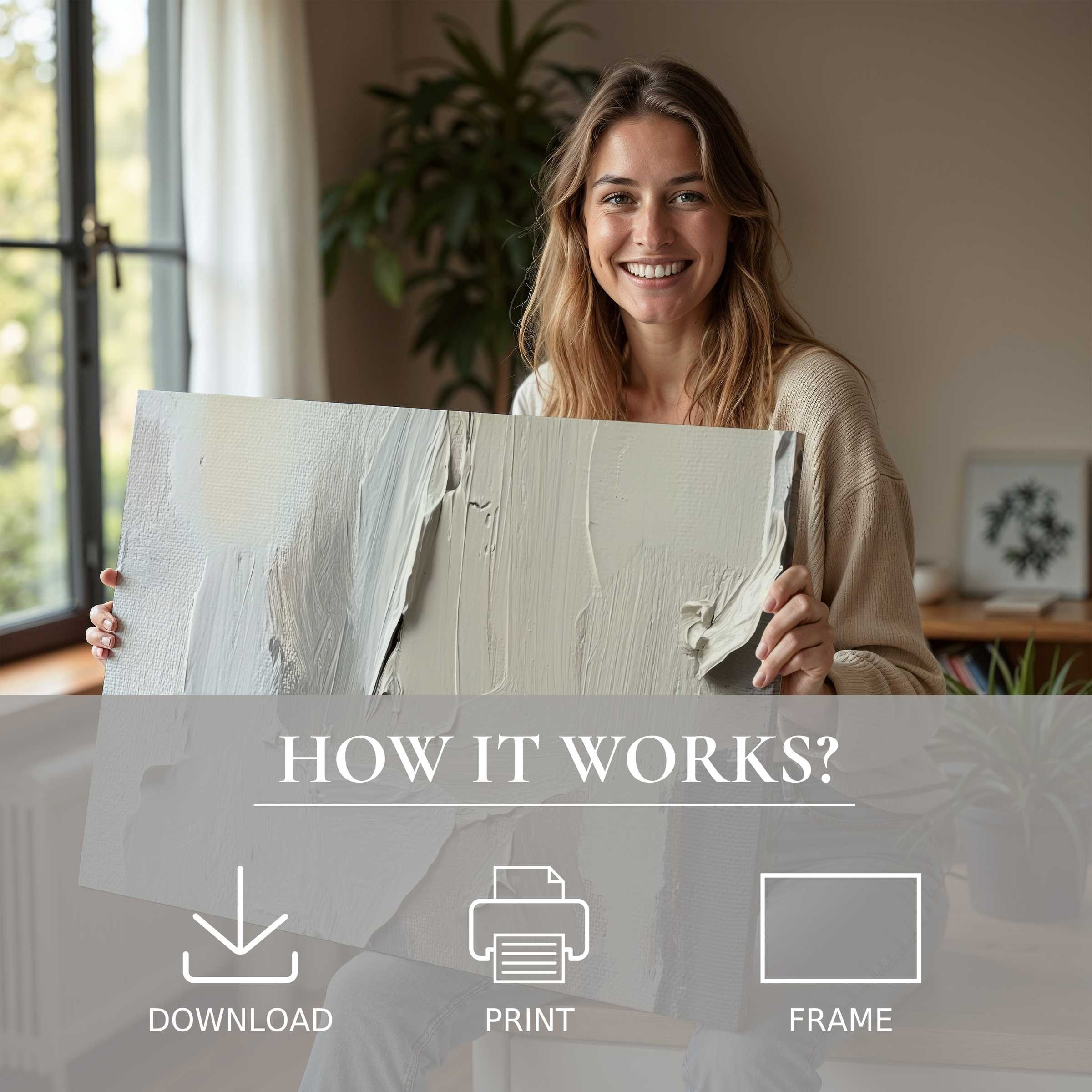 A joyful moment in a modern, sunlit home where a refined modern digital art print transforms space with serene, textured elegance