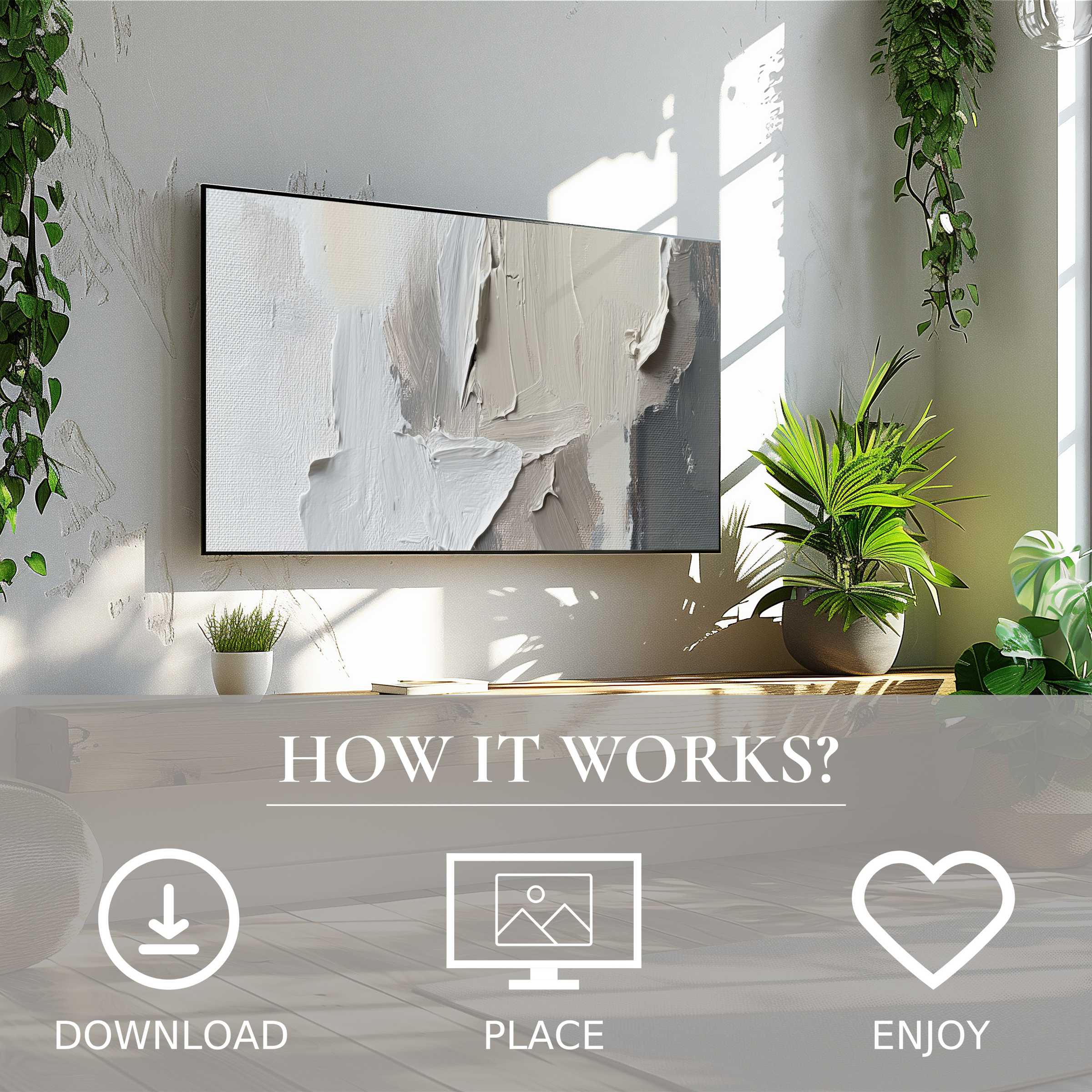 Modern art for Samsung TV in a bright space, featuring textured neutral tones; easy digital download enriches your decor