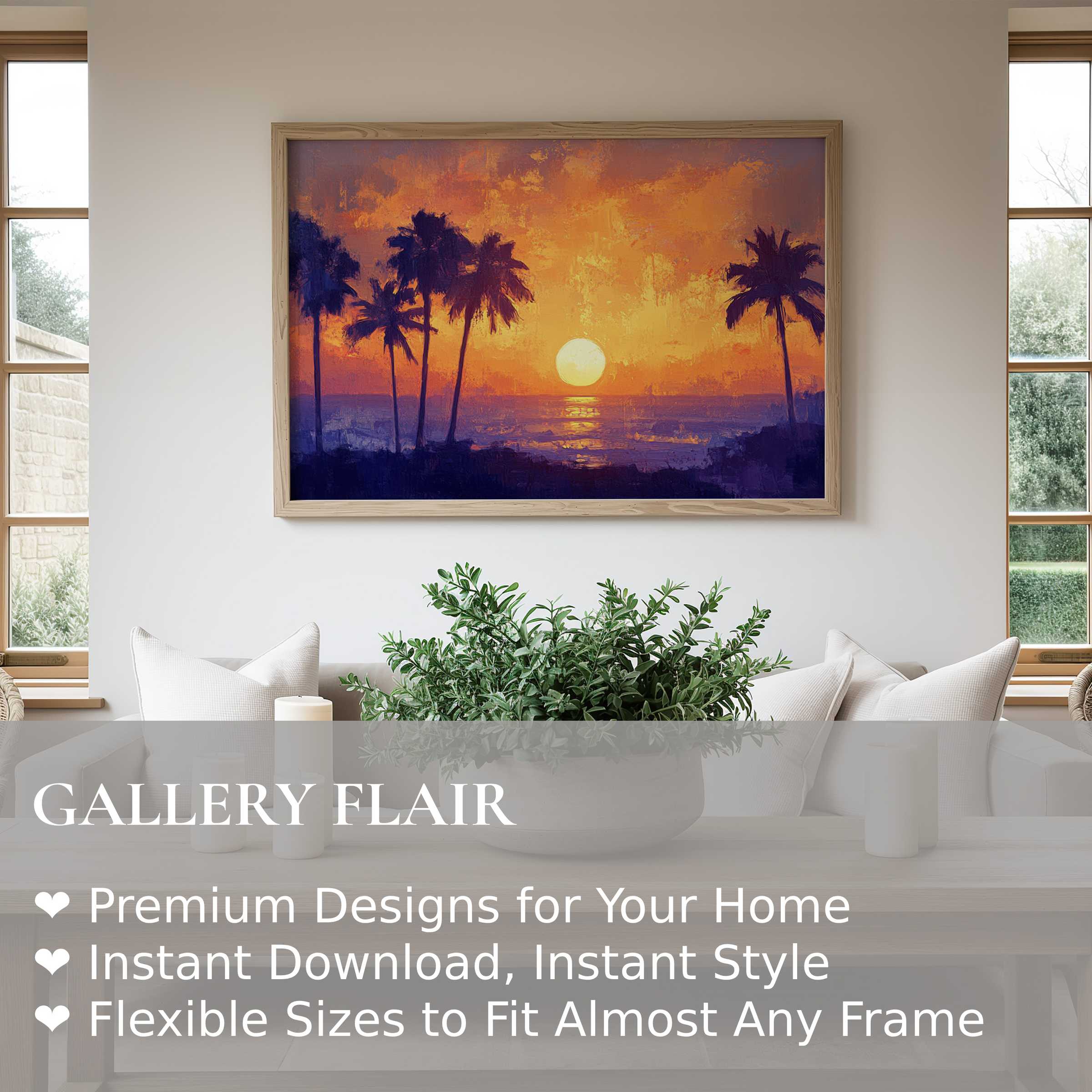 Vibrant tree wall art print capturing a radiant sunset with silhouetted palms, elevating modern coastal interiors with warm, calming energy