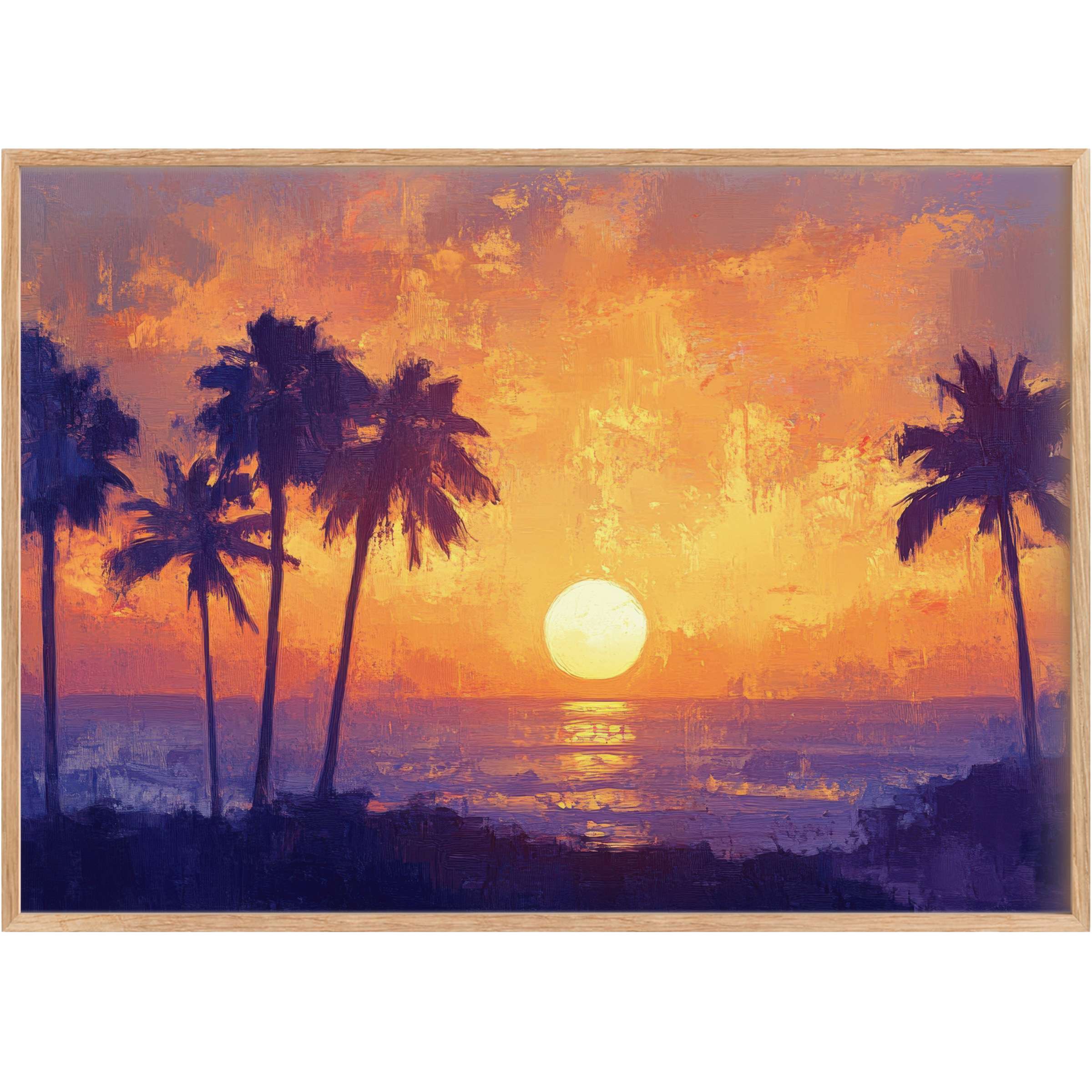 Vibrant tree printable wall art captures a radiant sunset with deep indigo palms and glowing amber skies, evoking serene coastal elegance