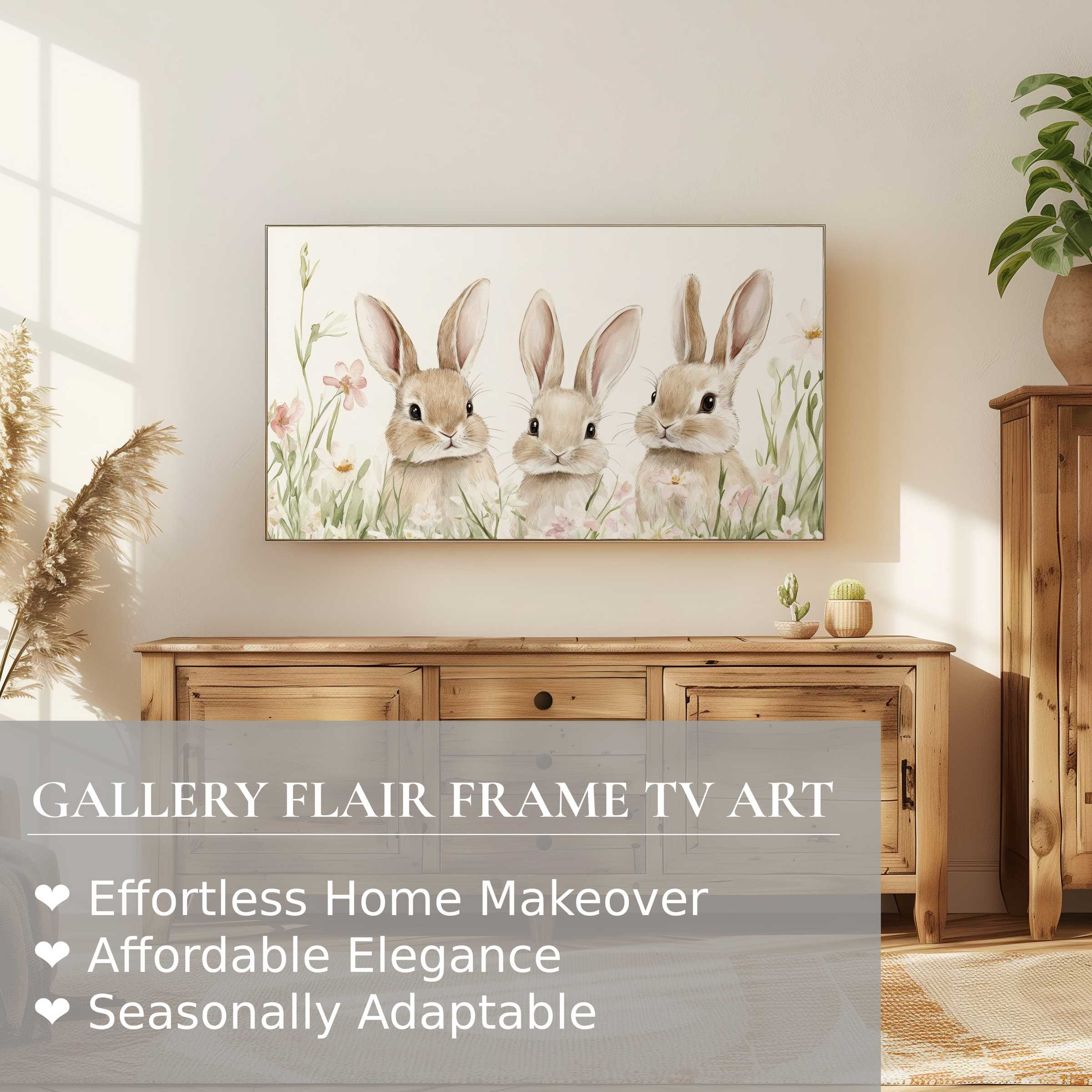 Elegant nursery digital artwork of three rabbits in soft pastels displayed on a Samsung Frame TV in a modern setting