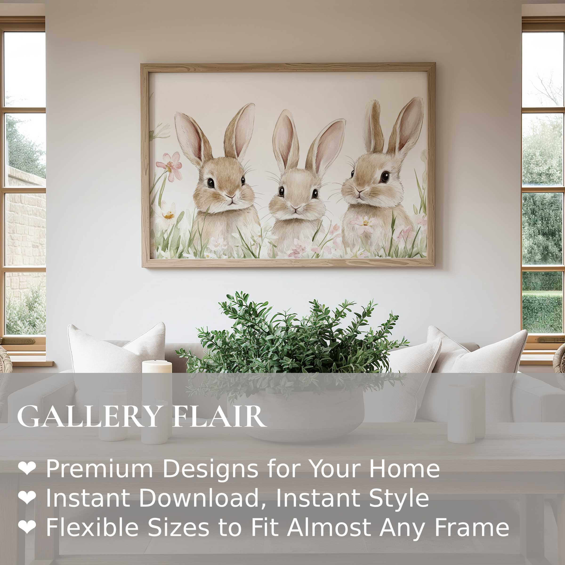 Nursery wall art print featuring three soft, charming bunnies in delicate pastels, enhancing a serene, modern farmhouse nursery