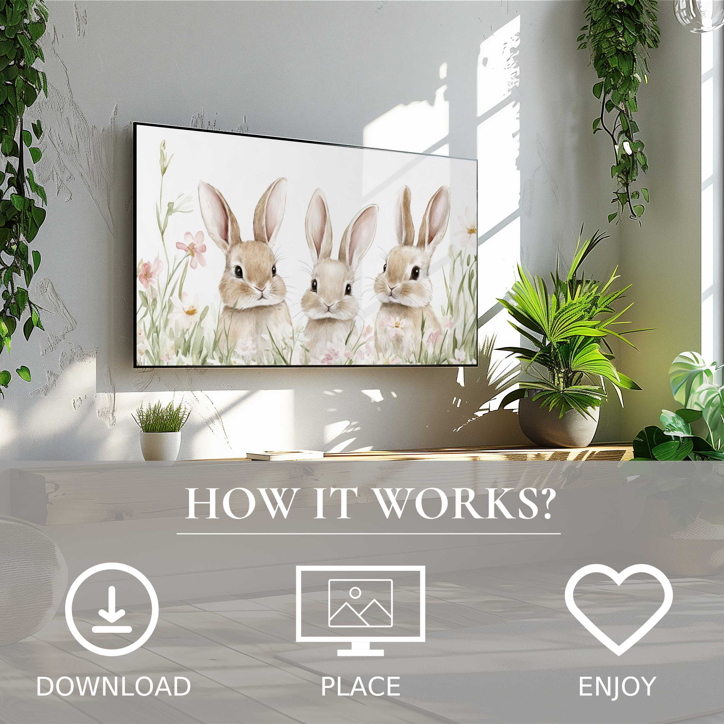 Nursery art for Samsung TV shows soft bunny motif in pastel tones, easy digital download enriches bright modern living spaces