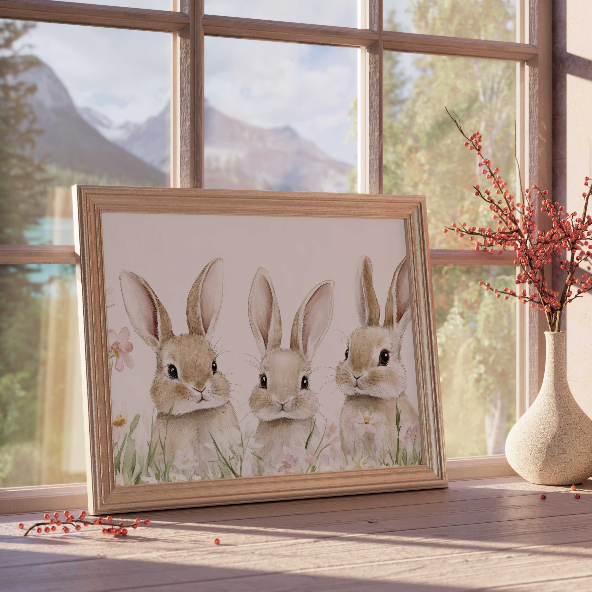 Nursery downloadable art featuring serene, sweet bunny trio in soft pastels, perfect for elegant, calm children’s rooms