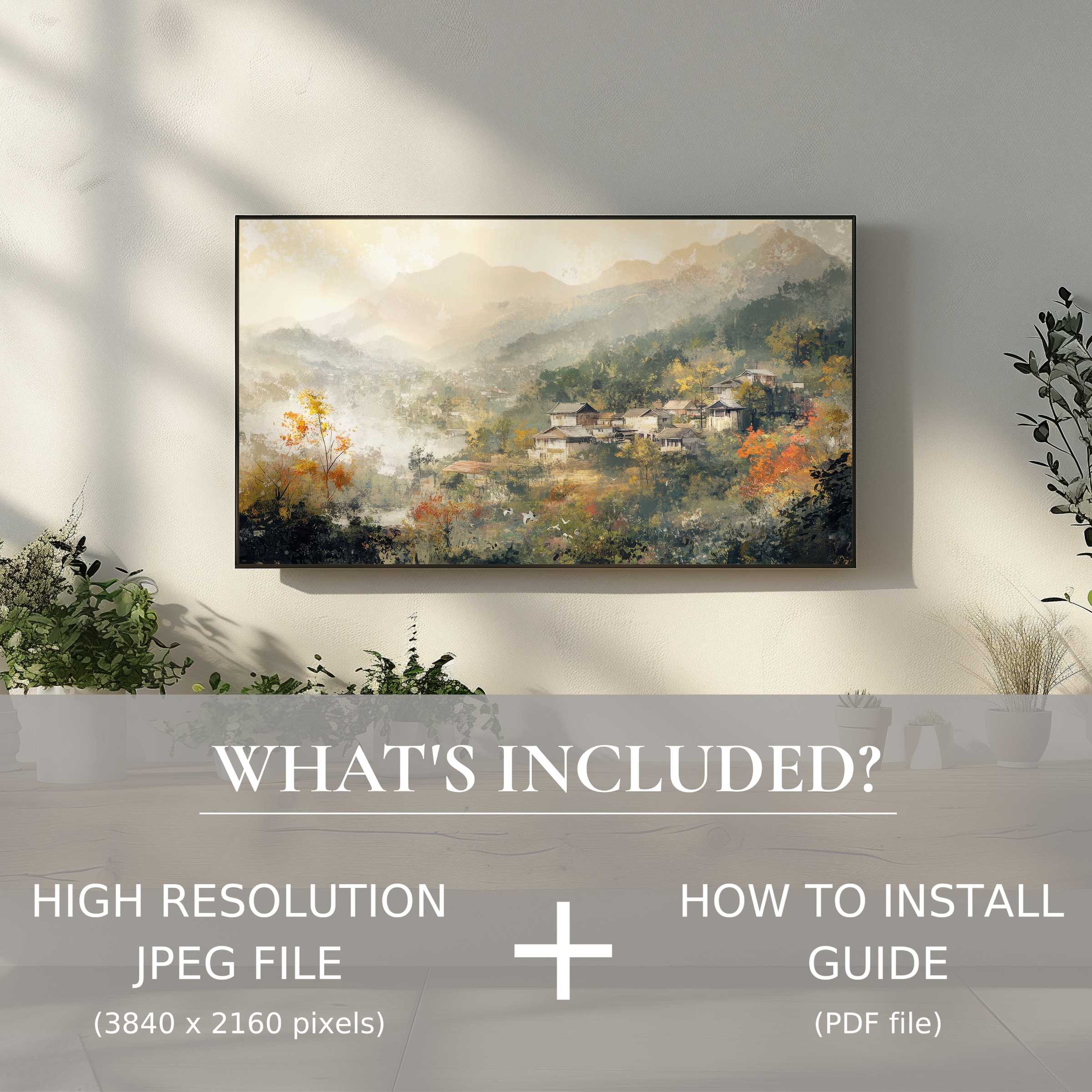 Elegant vintage digital TV art download enhances your room with easy digital use and serene mountain village scenes