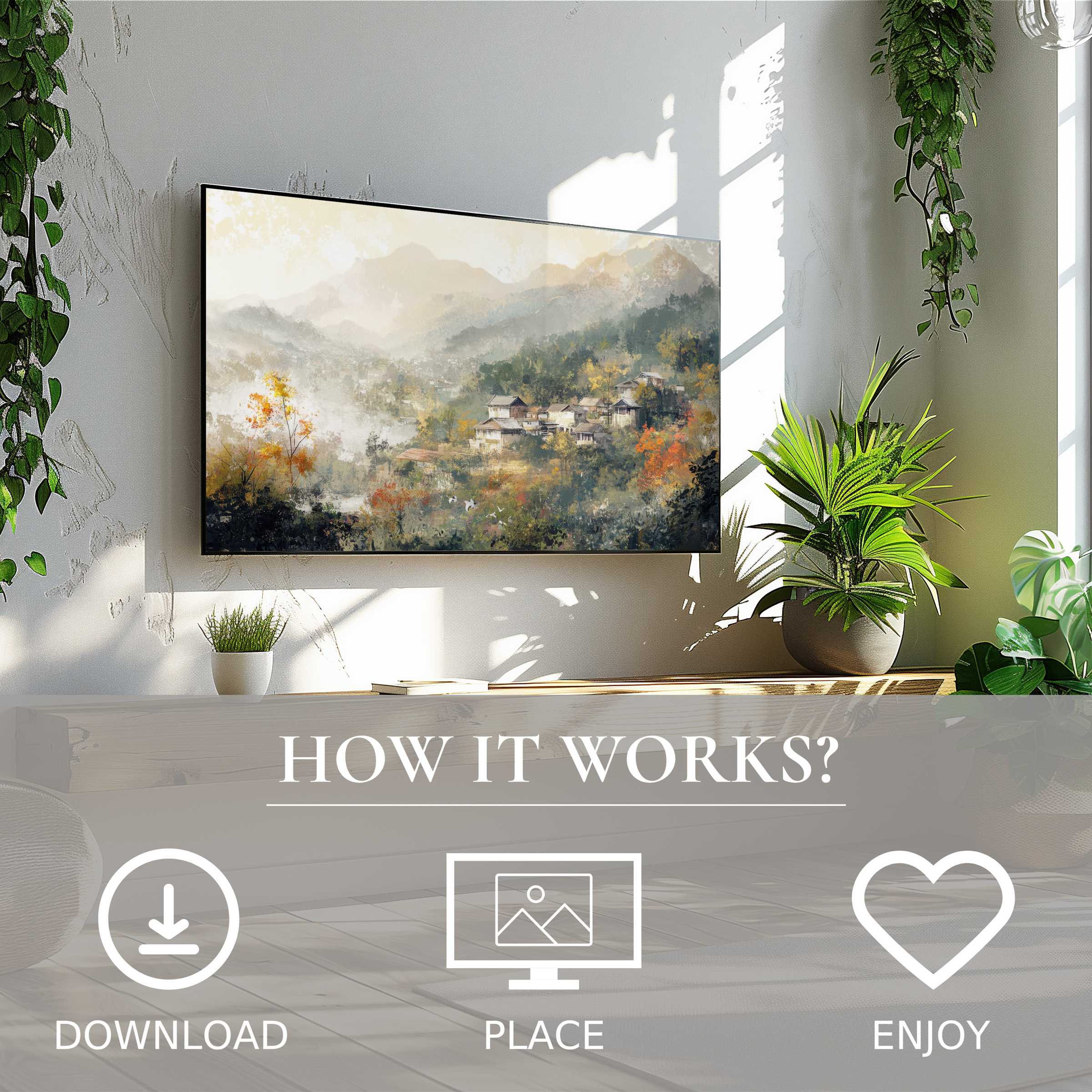 Vintage art for Samsung TV shows misty mountain village in soft autumn hues; easy digital download enriches your space