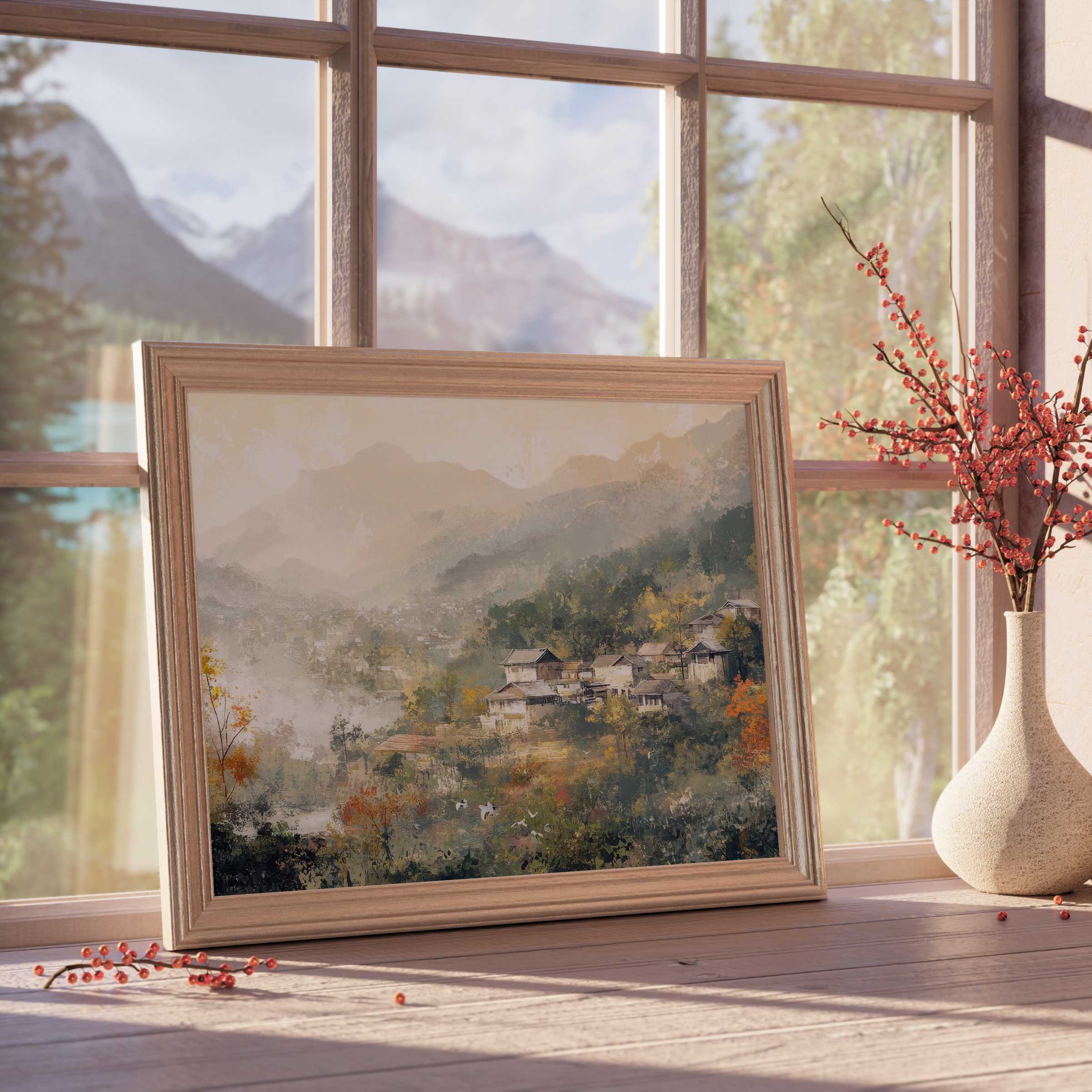 Vintage downloadable art capturing a serene mountain village in warm autumn hues, enhancing tranquil, curated interiors with timeless charm and elegant rustic appeal