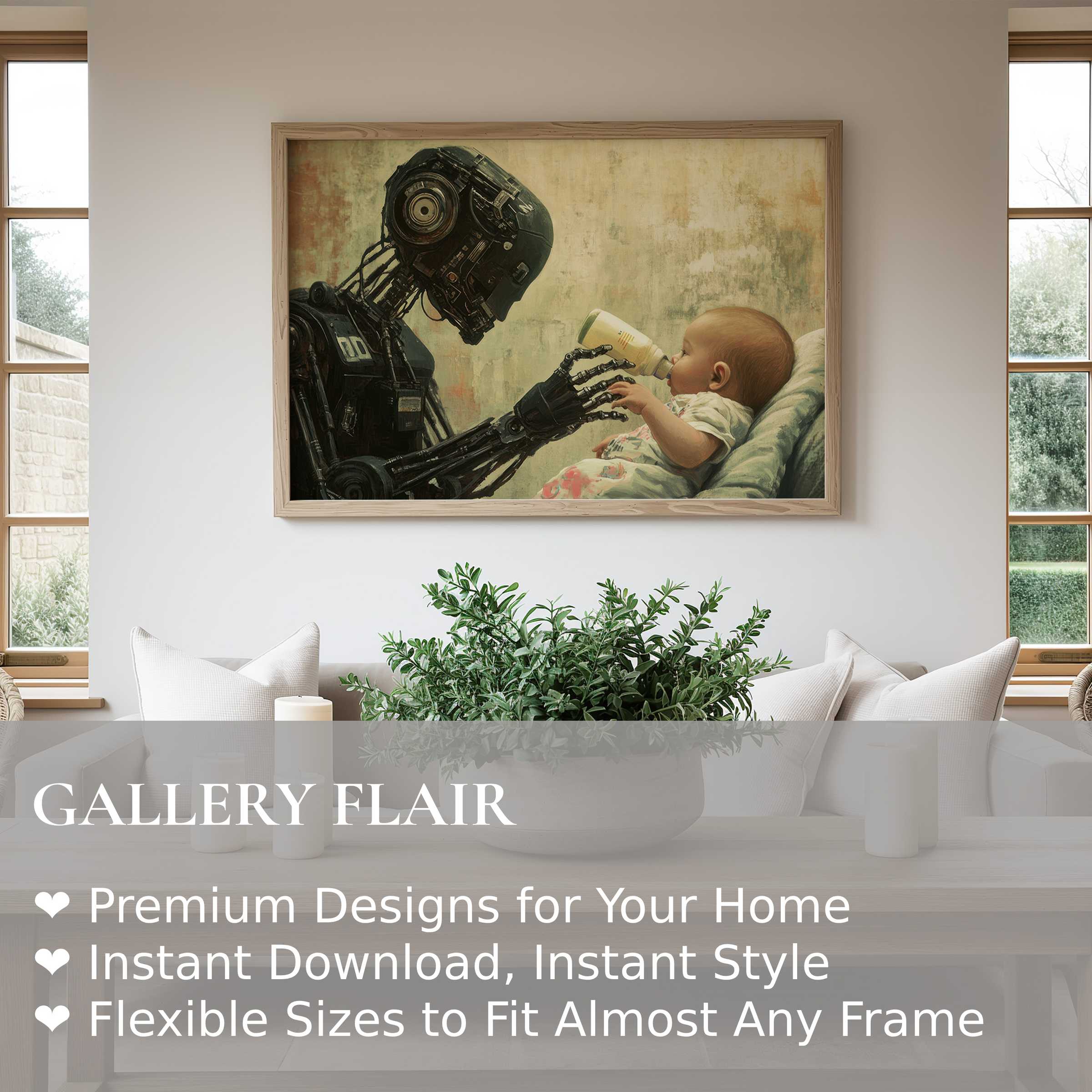Bold street art wall art print depicting a futuristic robot tenderly feeding a baby, radiating warmth and connection Enhances modern minimalist interiors with striking, thought-provoking urban charm