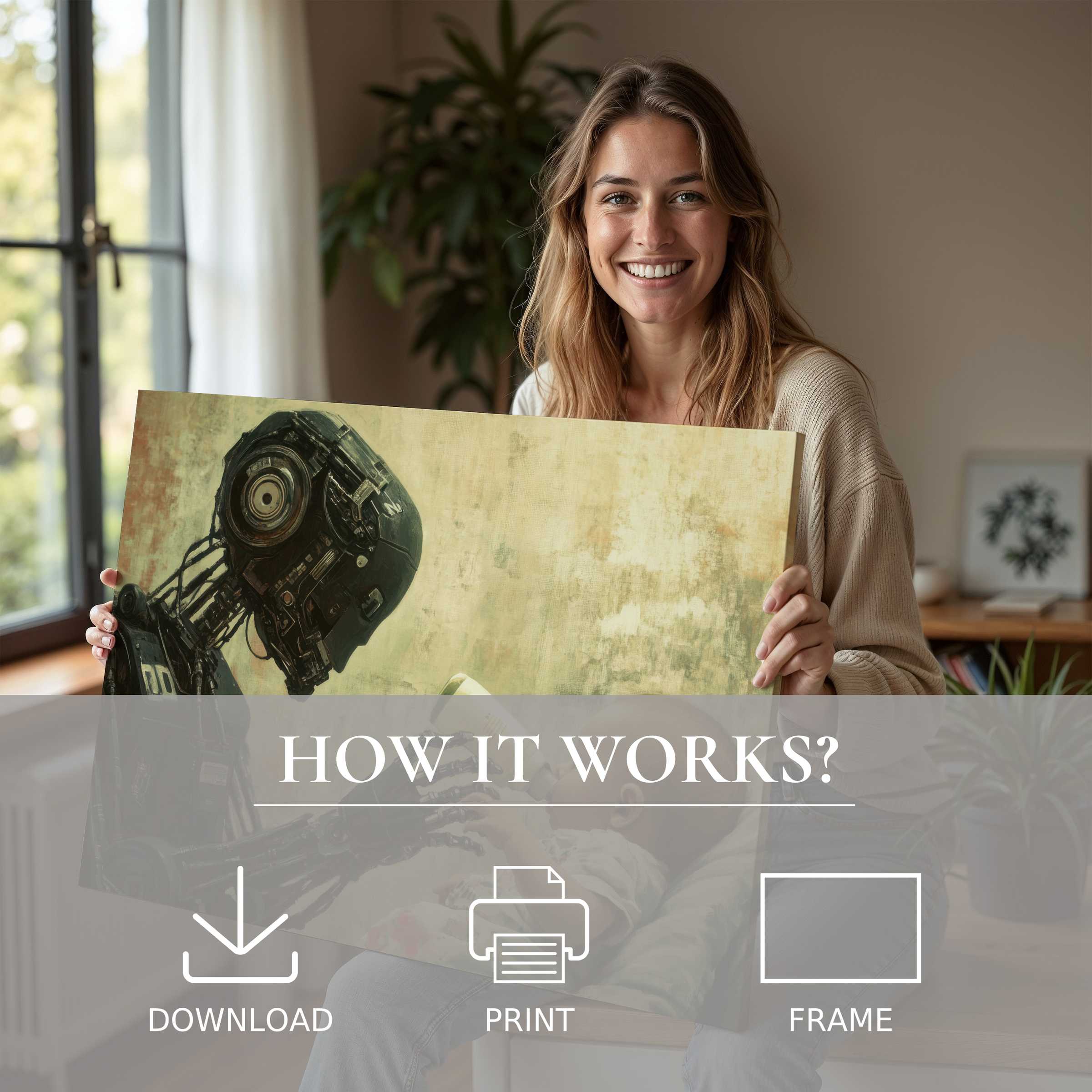 Joyful woman embracing a street art digital art print in a sunlit modern home, celebrating the beauty of effortless art living