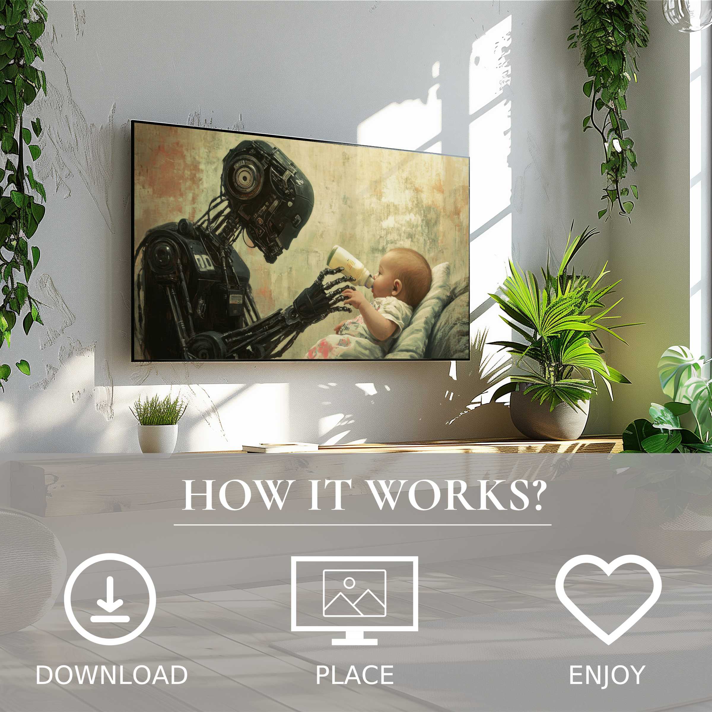 Modern living room with street art for Samsung TV, digital download; robot feeding baby in warm, muted tones enriches space