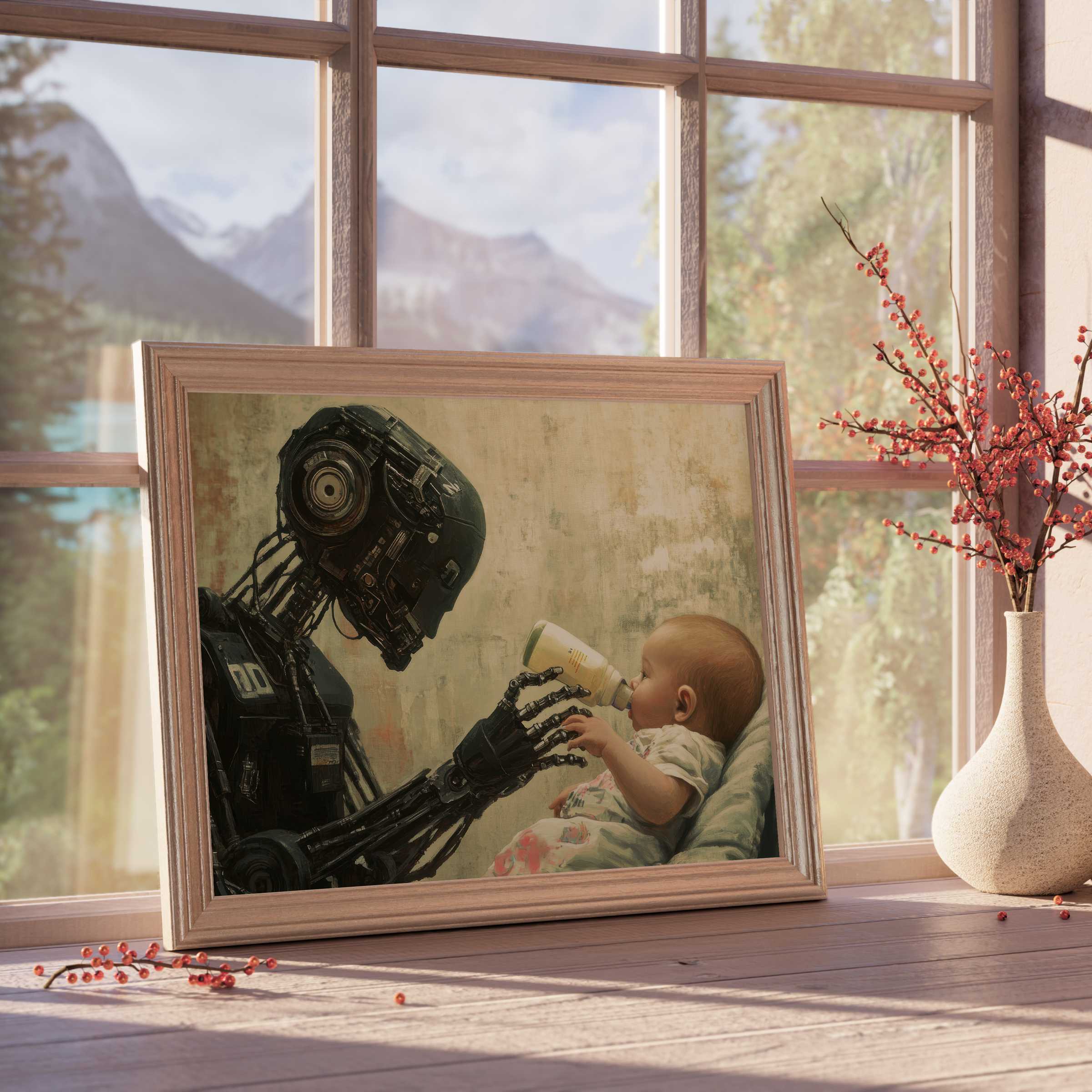 Futuristic street art downloadable art blending tender human connection and sleek robotics, enriching curated modern interiors with calm, emotive energy