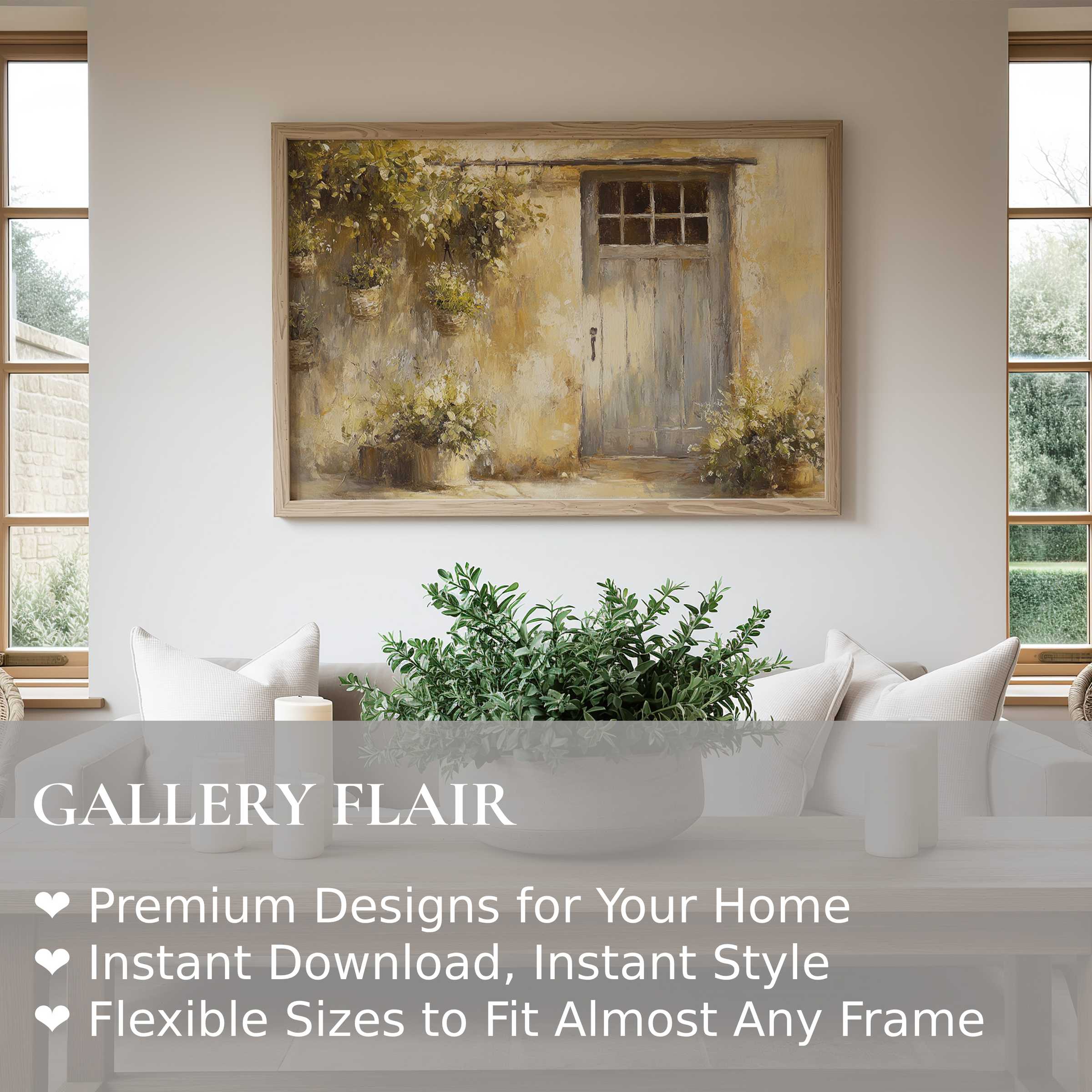 Farmhouse wall art print with rustic door and foliage, evoking warm, serene charm in a modern rustic living space