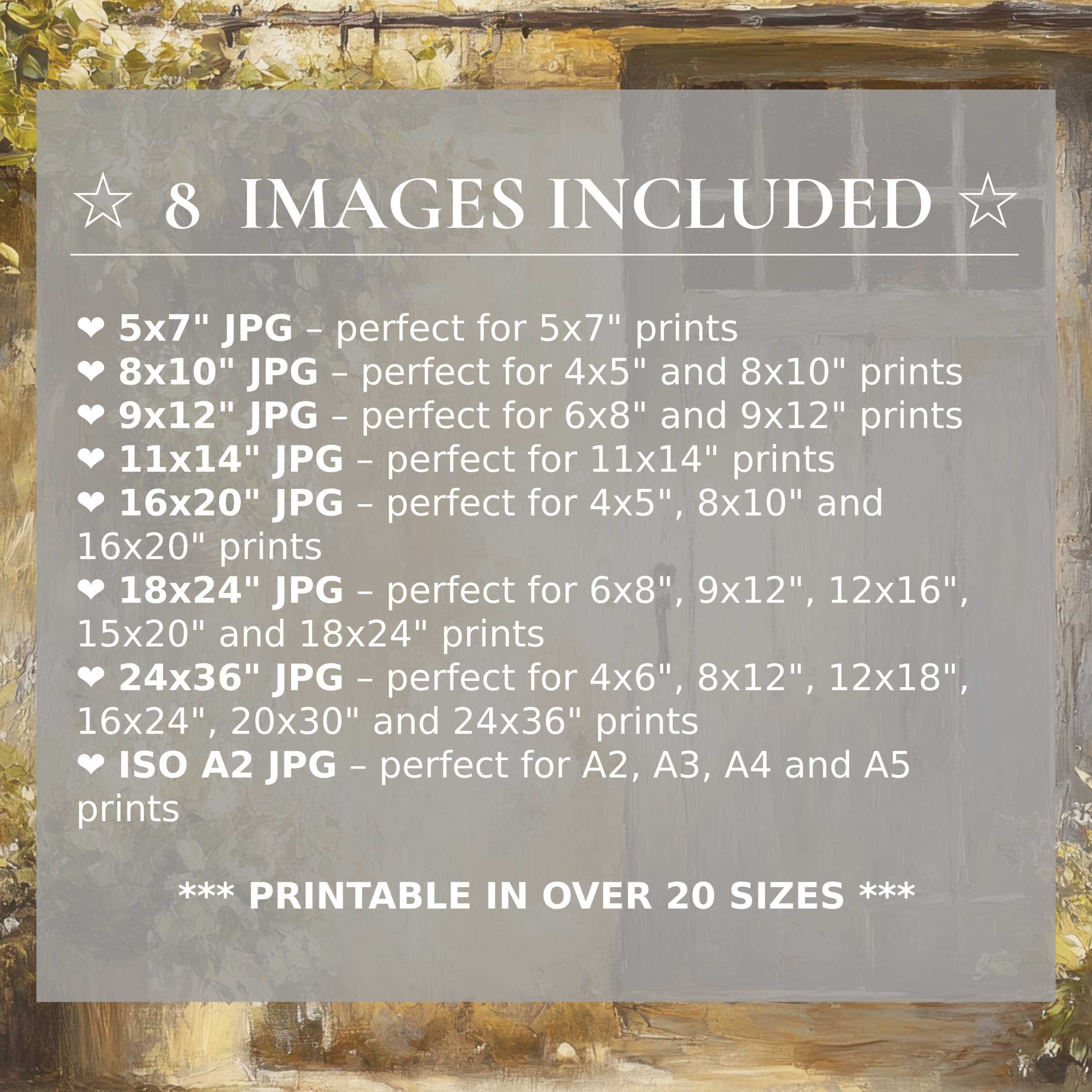 Farmhouse digital print exuding warm gold and olive tones, radiating calming charm in 8 included high-quality sizes for versatile modern decor