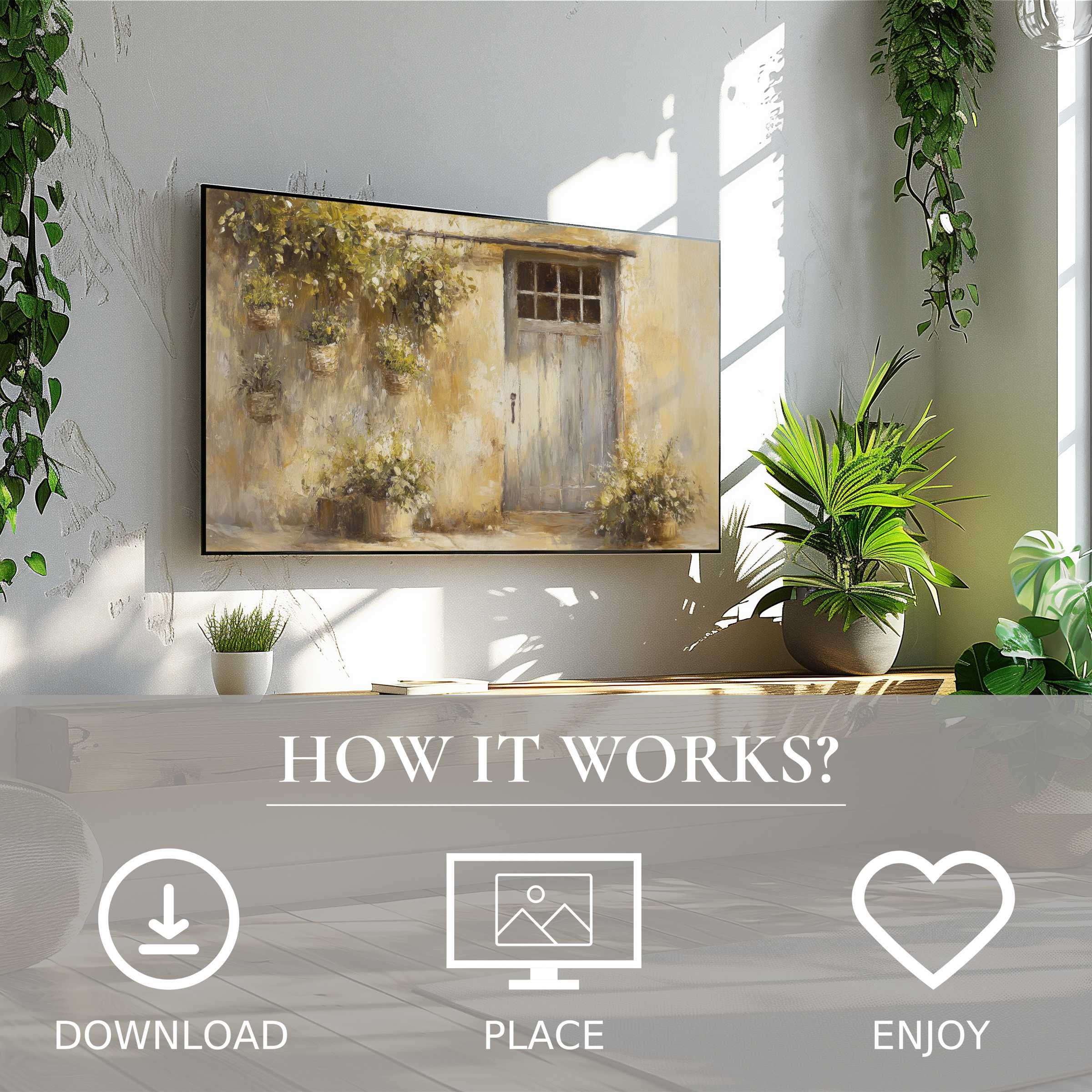 Farmhouse art for Samsung TV shows rustic door in soft earth tones, easy digital download enhances cozy modern spaces