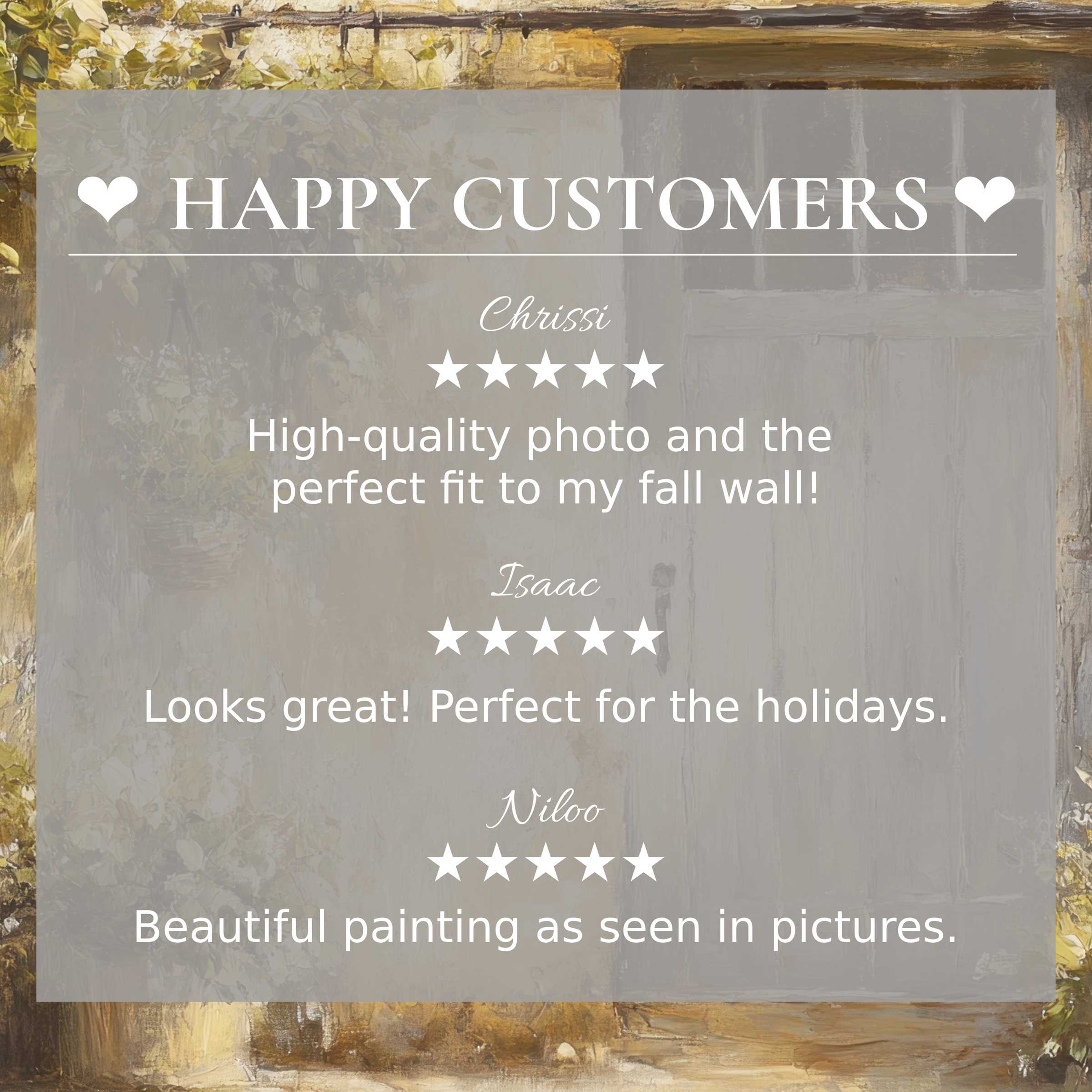 farmhouse art for Frame TV with abstract rustic door background, a happy customer review endorsing elegant style and quality