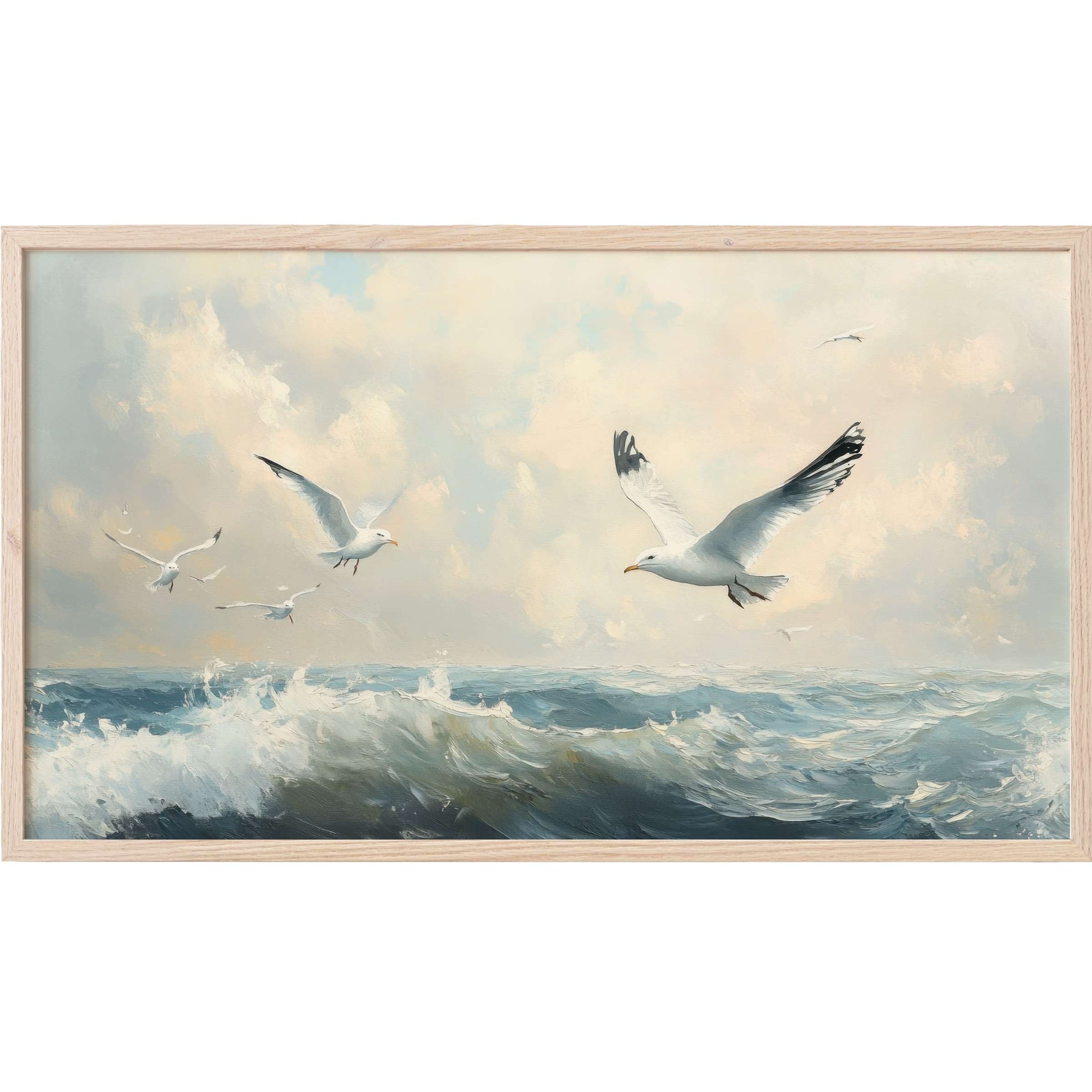 Coastal Frame TV Art featuring serene seagulls above dynamic waves in soft blues and creamy neutrals