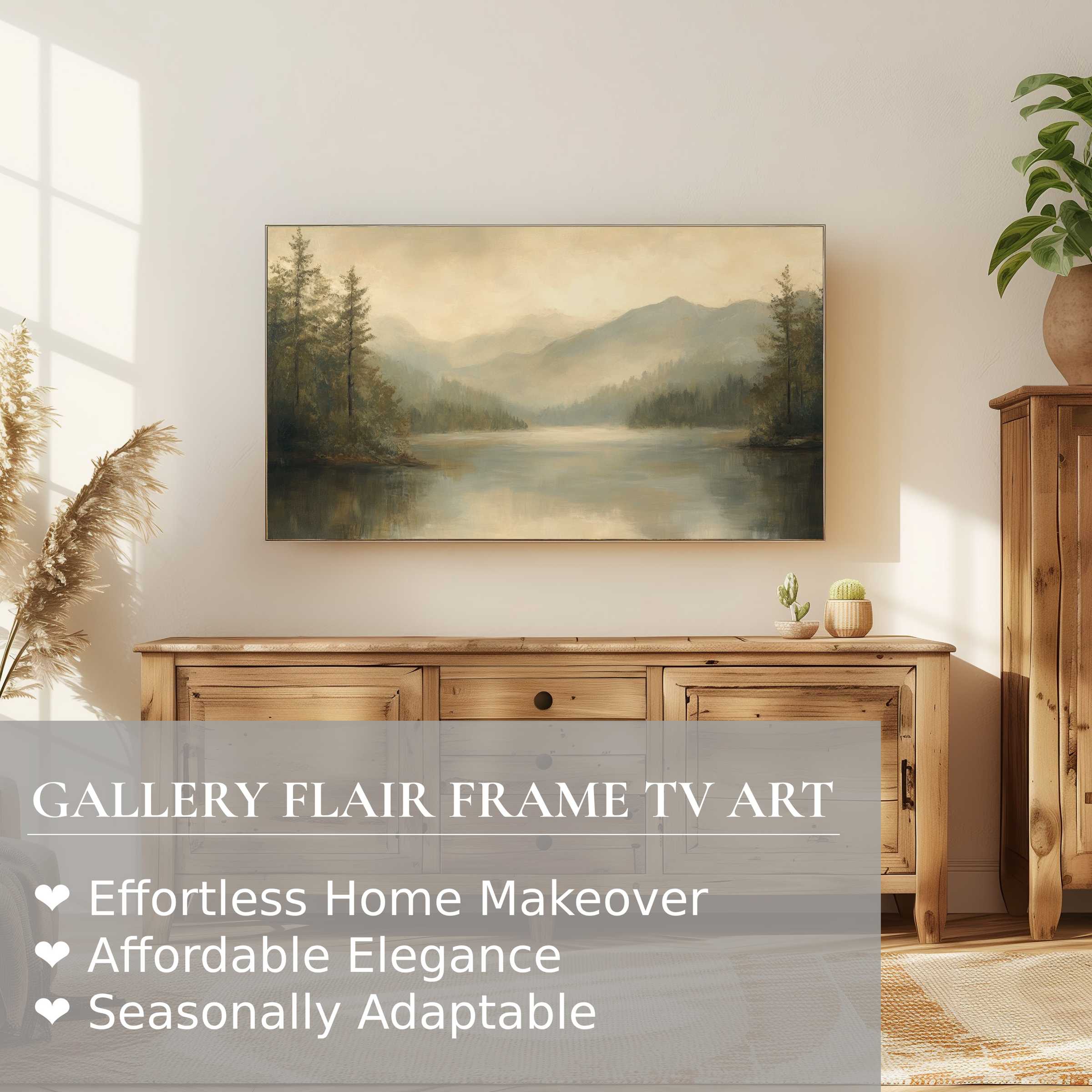 Modern Samsung Frame TV displaying serene landscape digital artwork in warm, neutral tones for elegant home decor