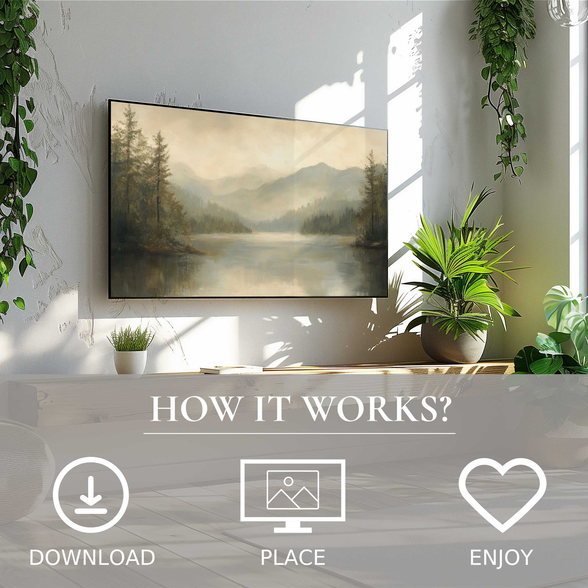 Modern living room with digital landscape art for Samsung TV; soft misty mountain tones, easy download, elevates space