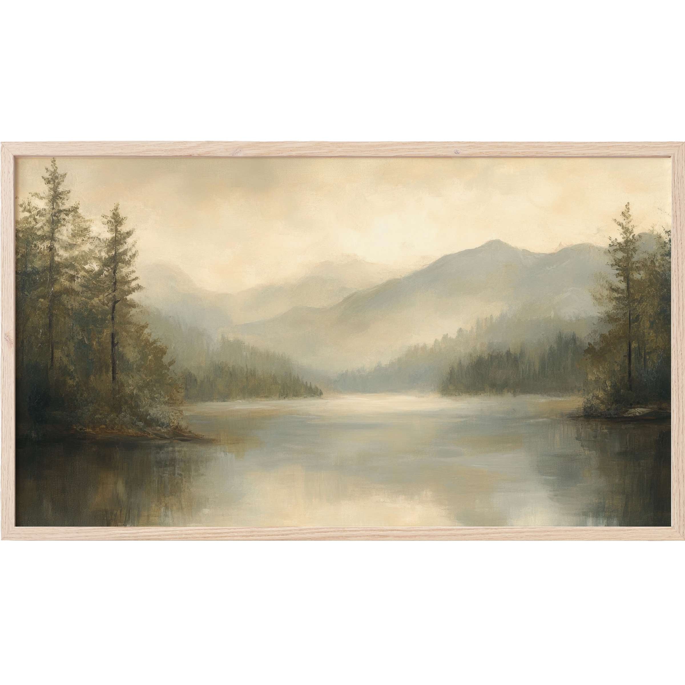 Serene misty mountain lake in muted earth tones, soft brushstrokes evoke calm elegance, landscape Frame TV Art