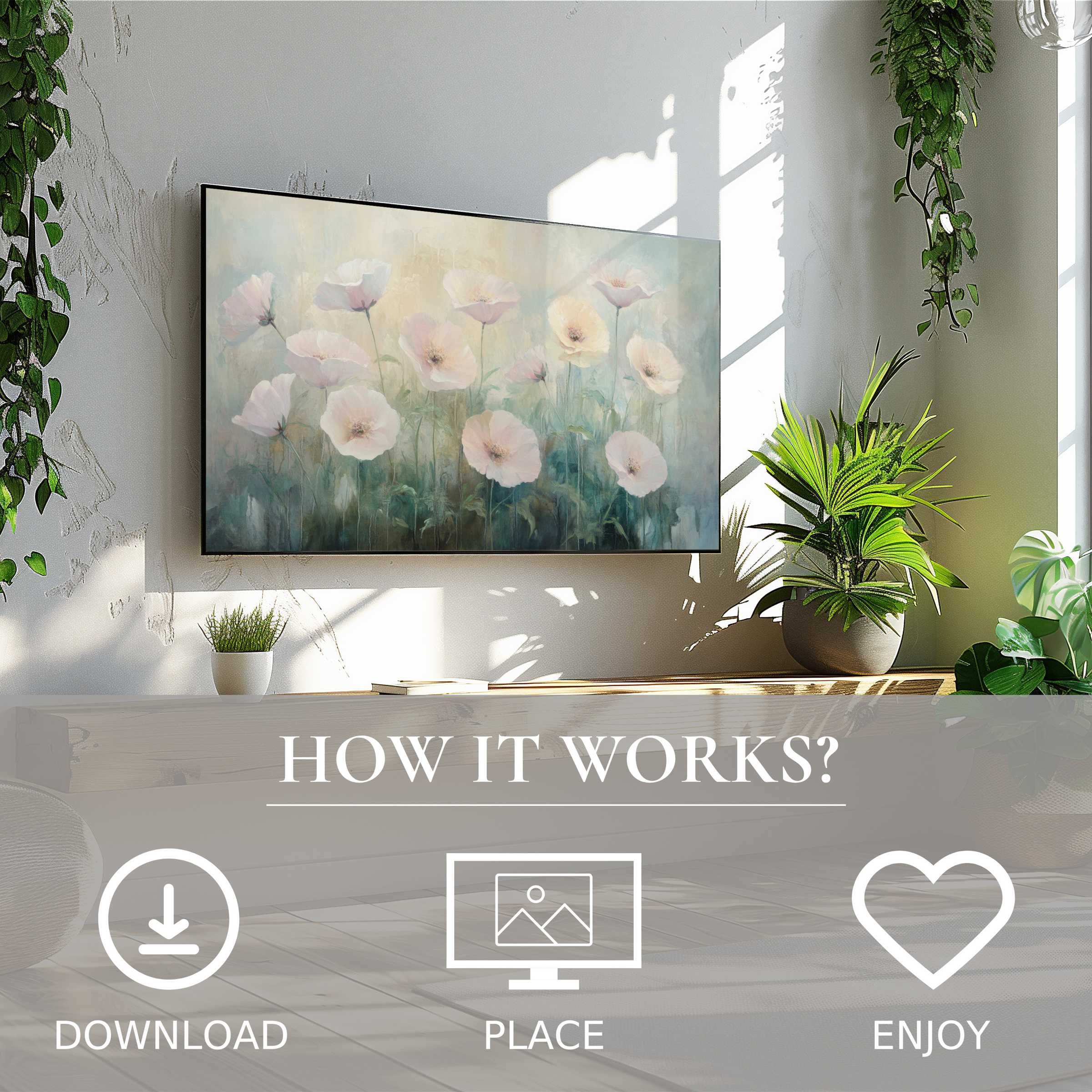 Floral art for Samsung TV shows soft pastel flowers; easy digital download to enrich your modern living space