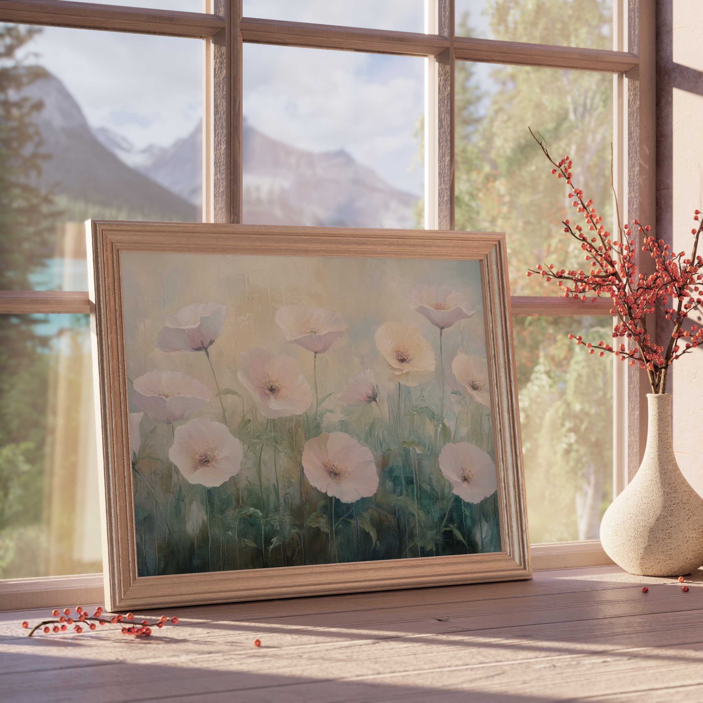 Ethereal floral downloadable art showcasing soft white blossoms in muted greens, elevating serene, sophisticated living spaces