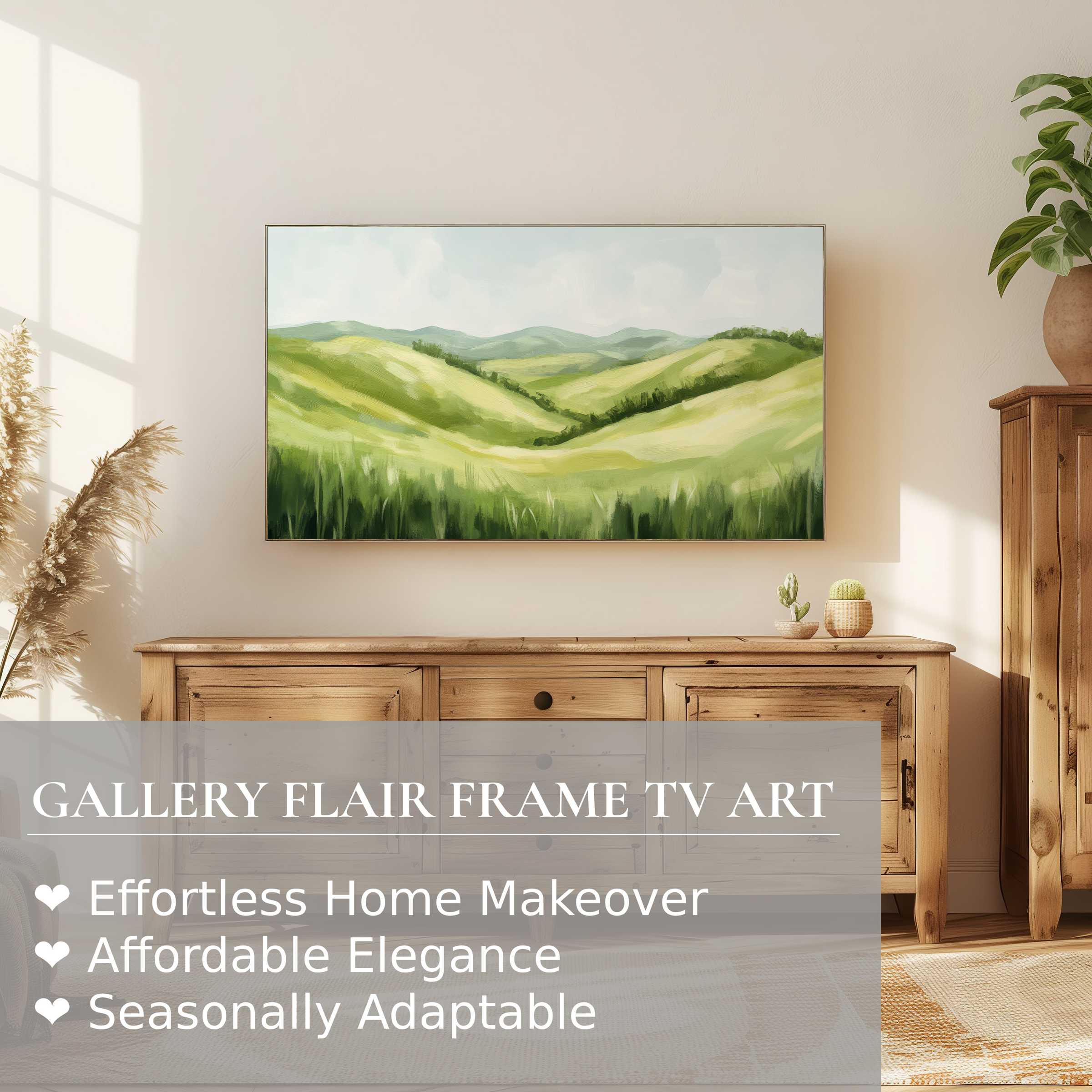 Samsung Frame TV displays serene summer digital artwork of rolling green hills in a modern, elegant living space