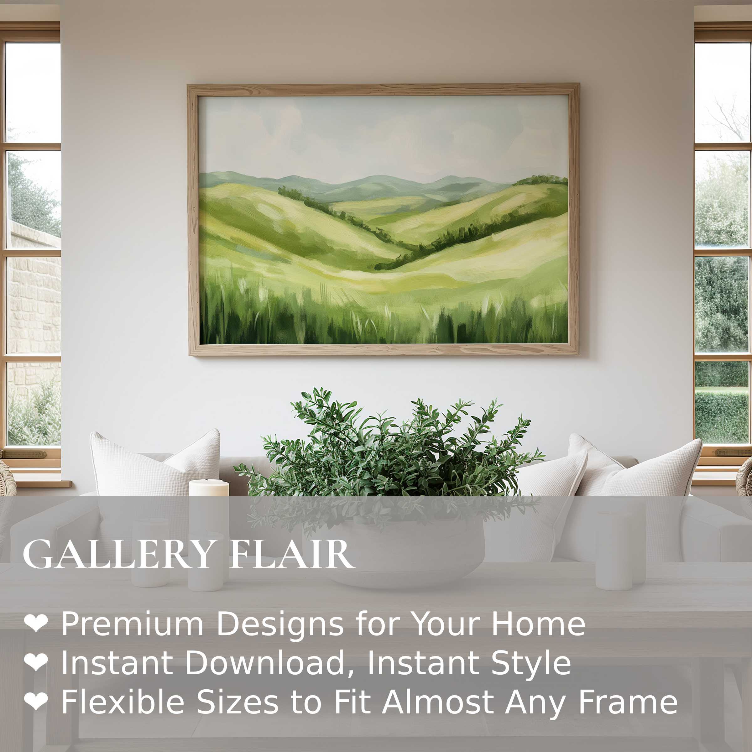Summer wall art print featuring serene green hills in soft brushstrokes, enhancing modern minimalist interiors with calming natural elegance