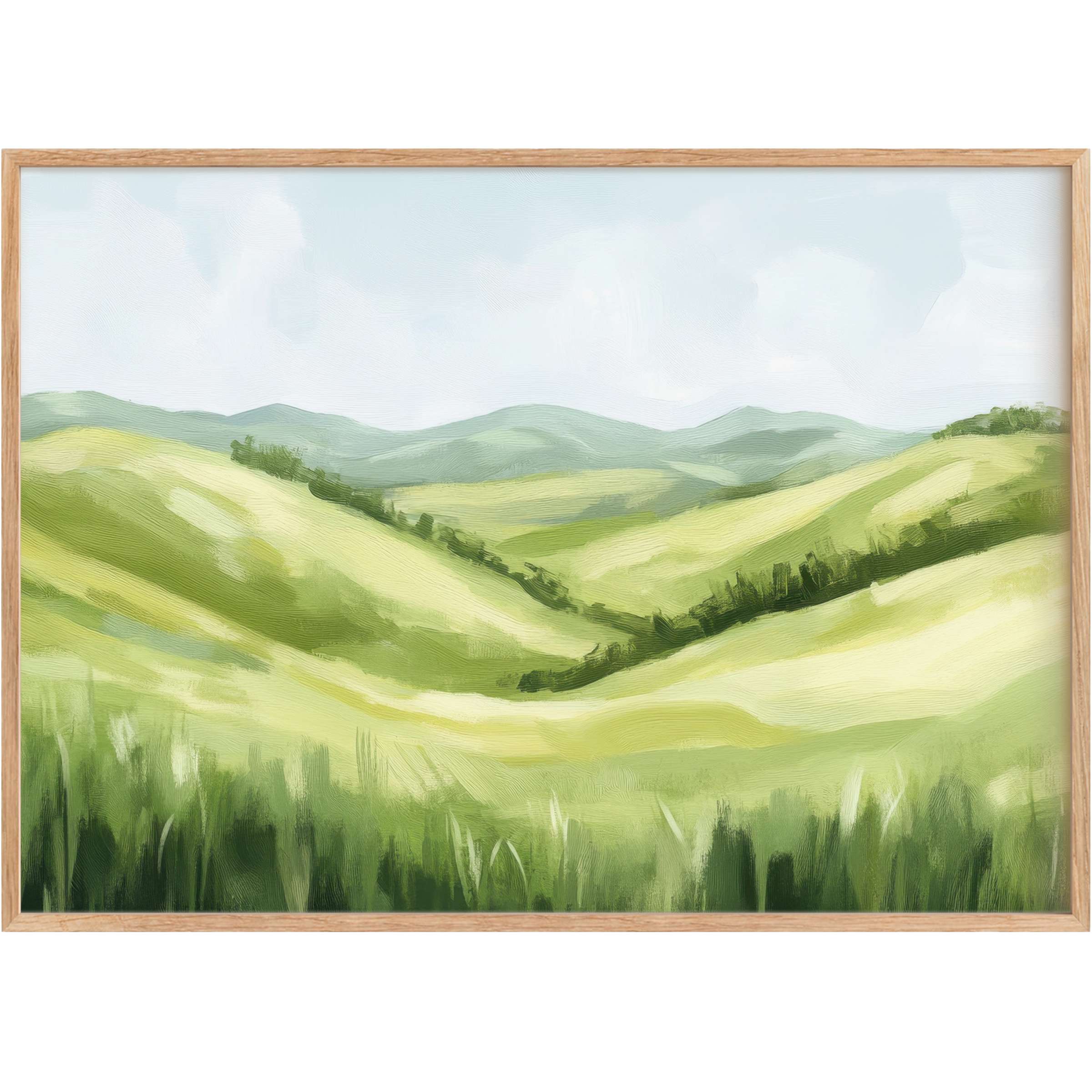 Lush green hills bathed in soft sunlight create a calming, serene summer printable wall art that elevates elegant interiors