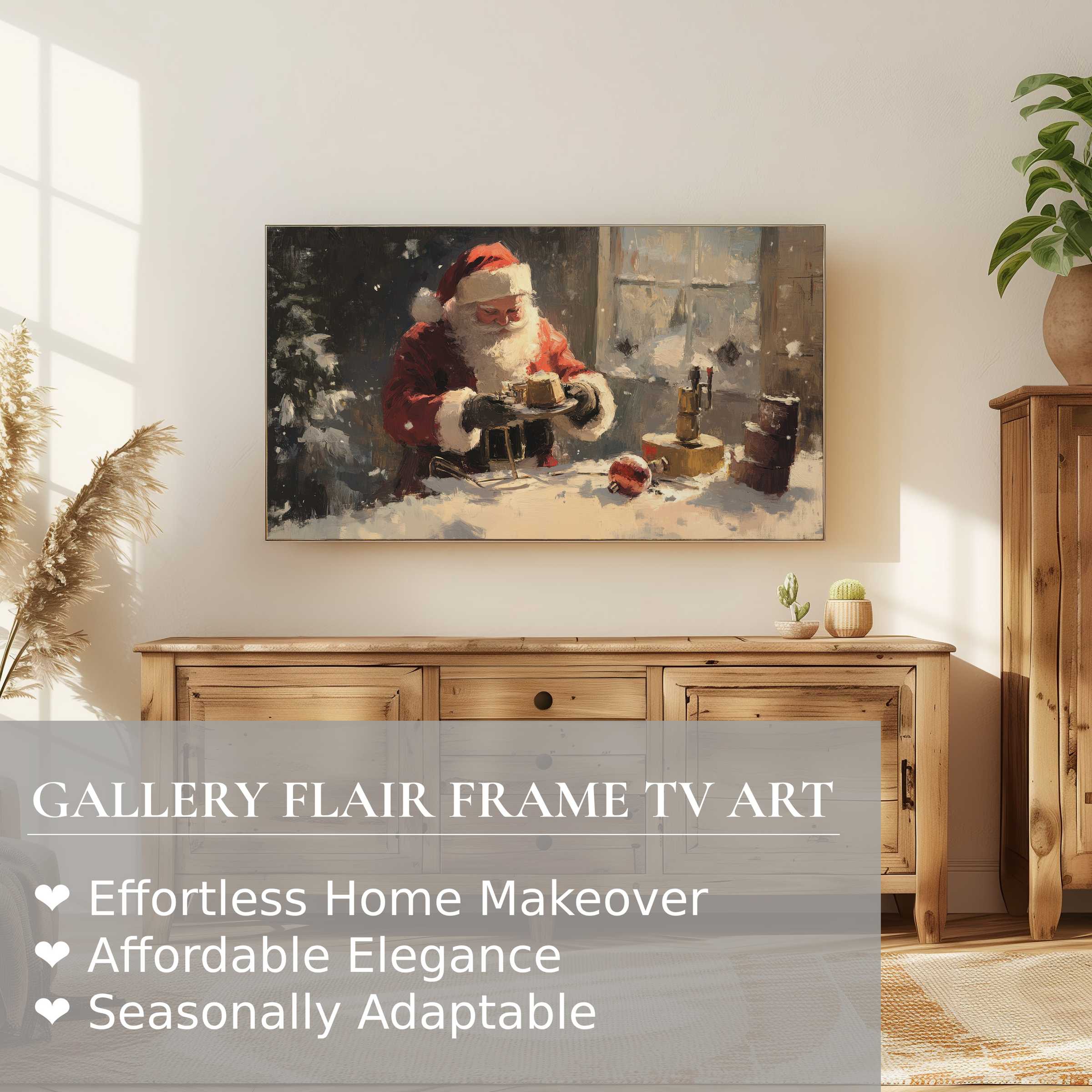 Modern rustic living room with warm wood tones, Samsung Frame TV displaying elegant christmas digital artwork