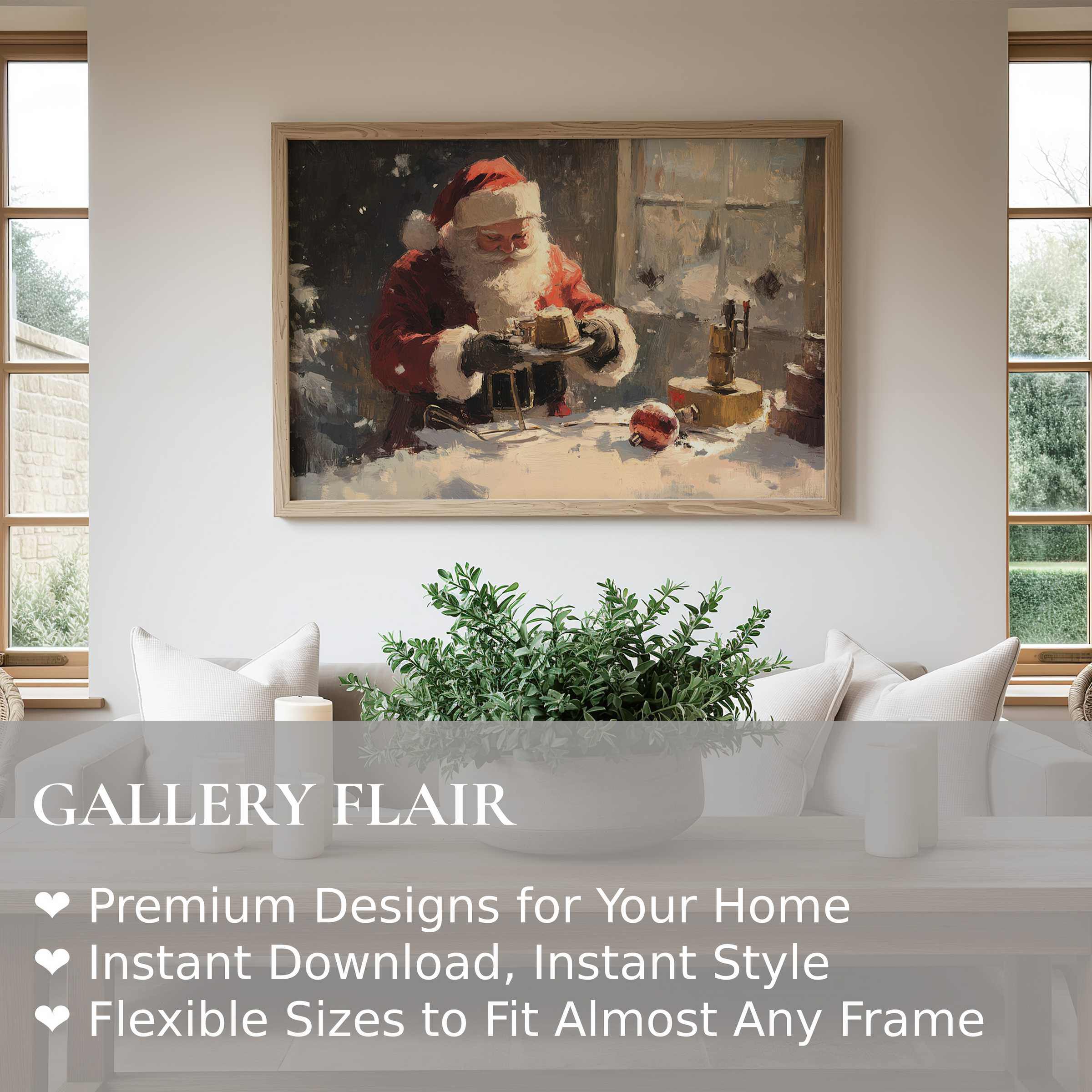 Christmas wall art print featuring a radiant Santa scene in a cozy, modern farmhouse living room, adding nostalgic warmth and festive charm