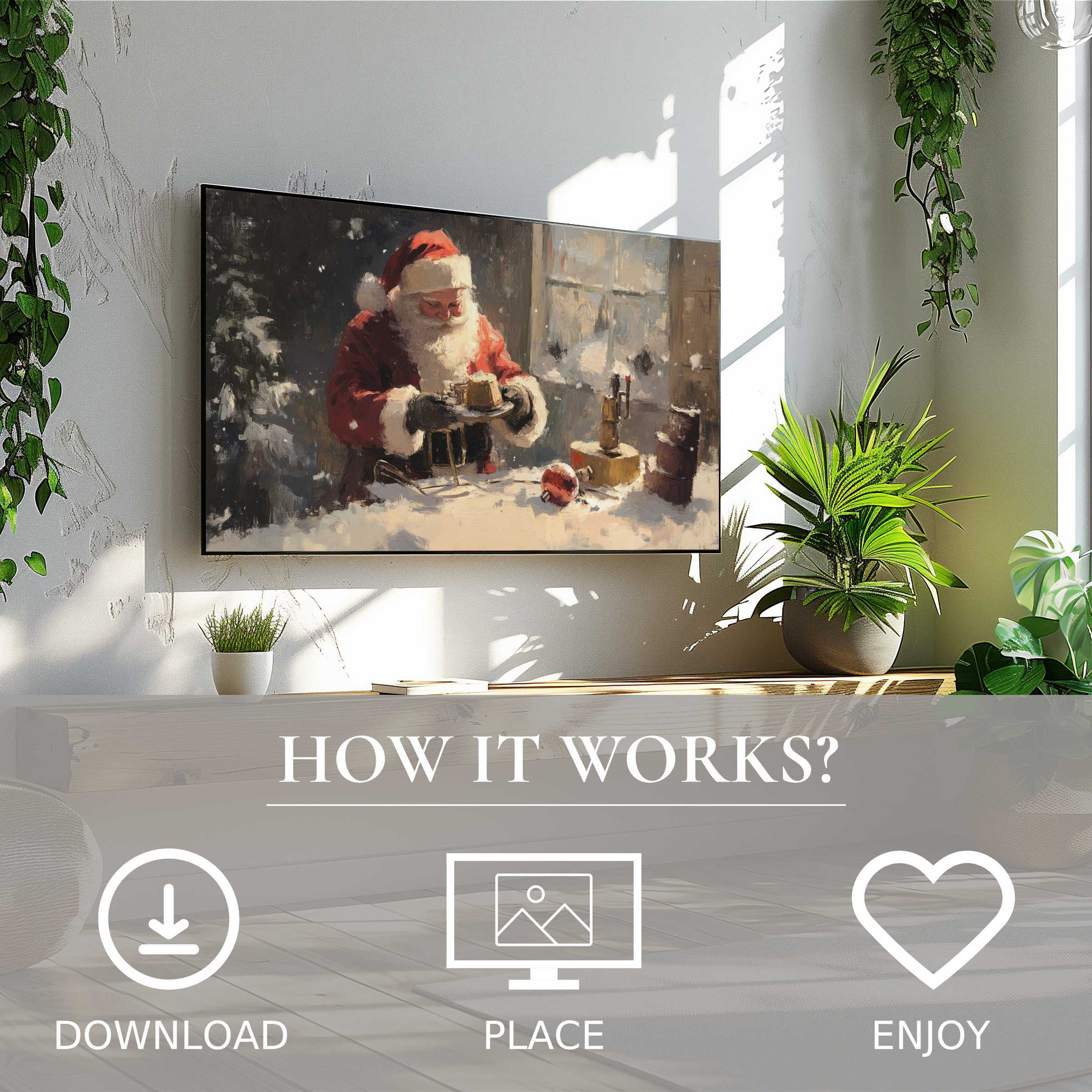 Cozy christmas art for Samsung TV shows warm Santa tones, easy digital download enriches modern living spaces