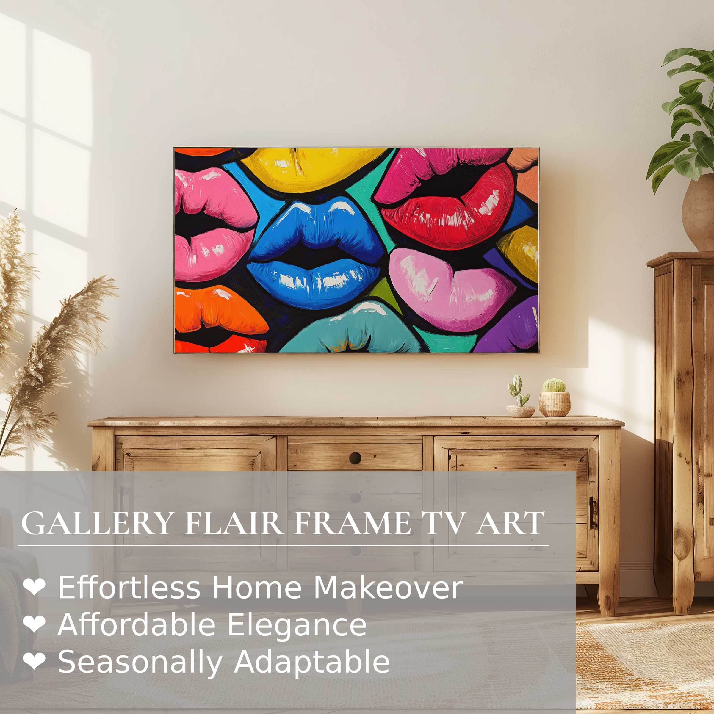 Samsung Frame TV showcases vibrant pop art digital artwork in a chic, minimalist living space with natural wood accents