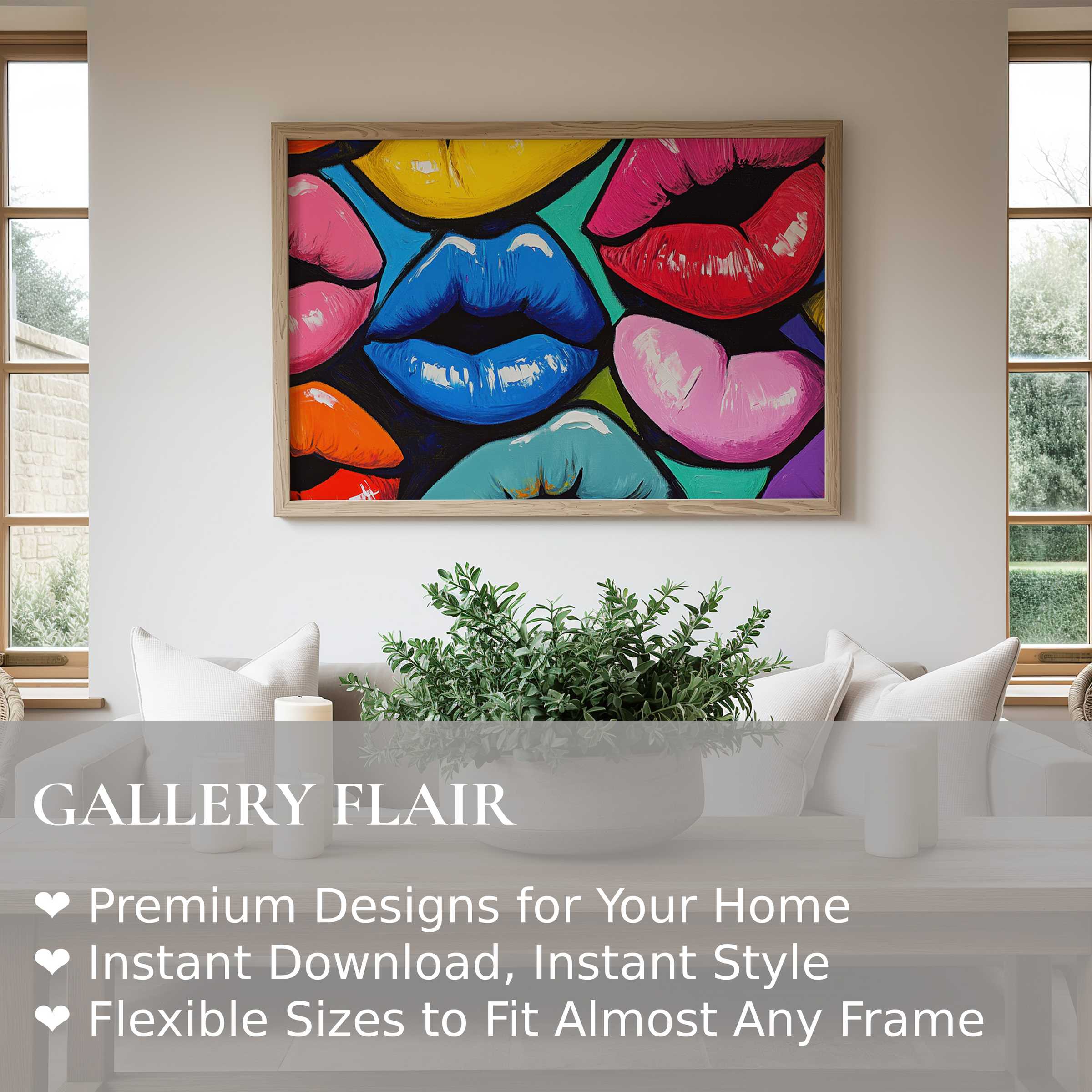 Pop art wall art print featuring vibrant, glossy lips in bold hues, enhancing a modern, minimalist living room with radiant, playful charm