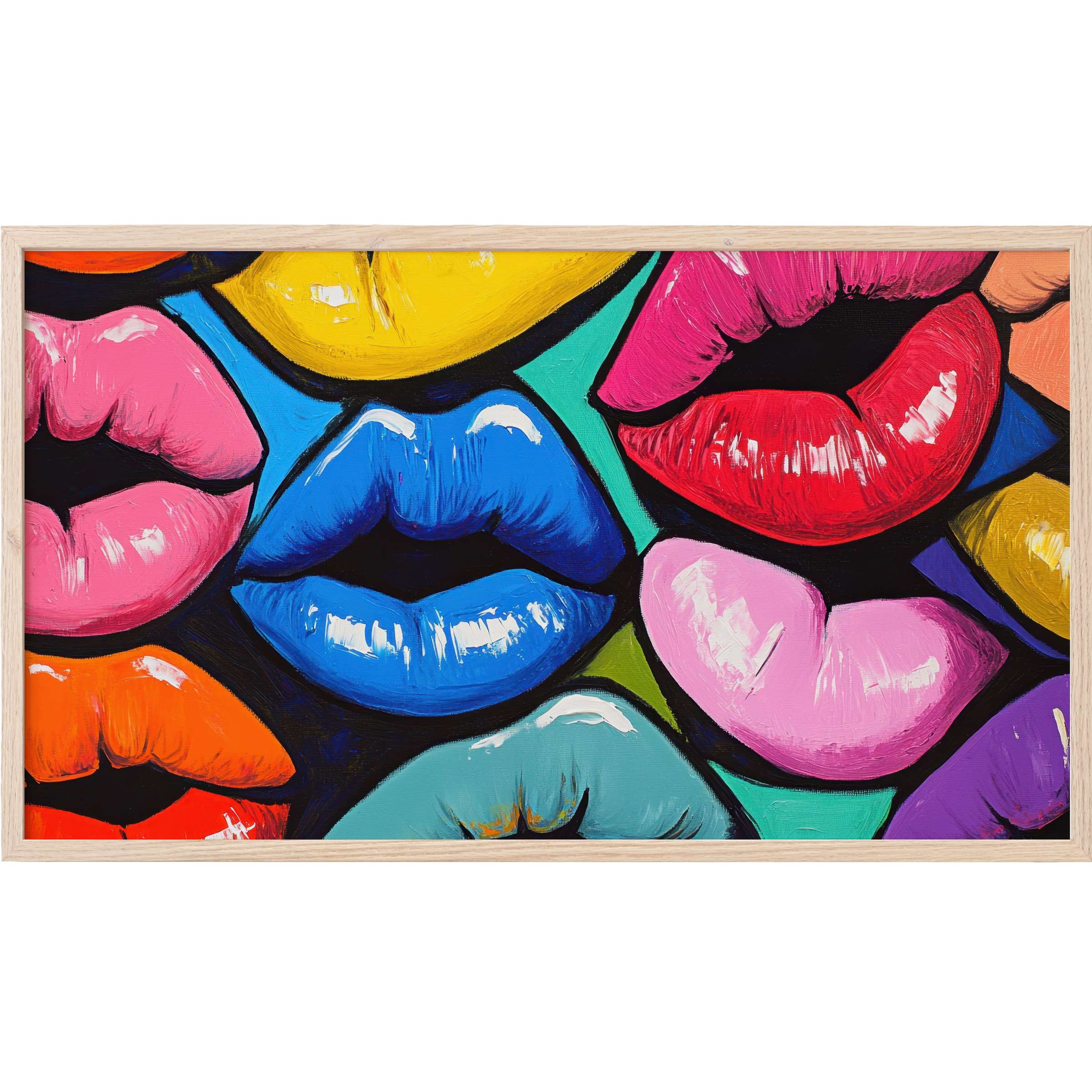 Vibrant lips in bold hues of red, blue, yellow, and pink create a striking pop art Frame TV Art for modern interiors
