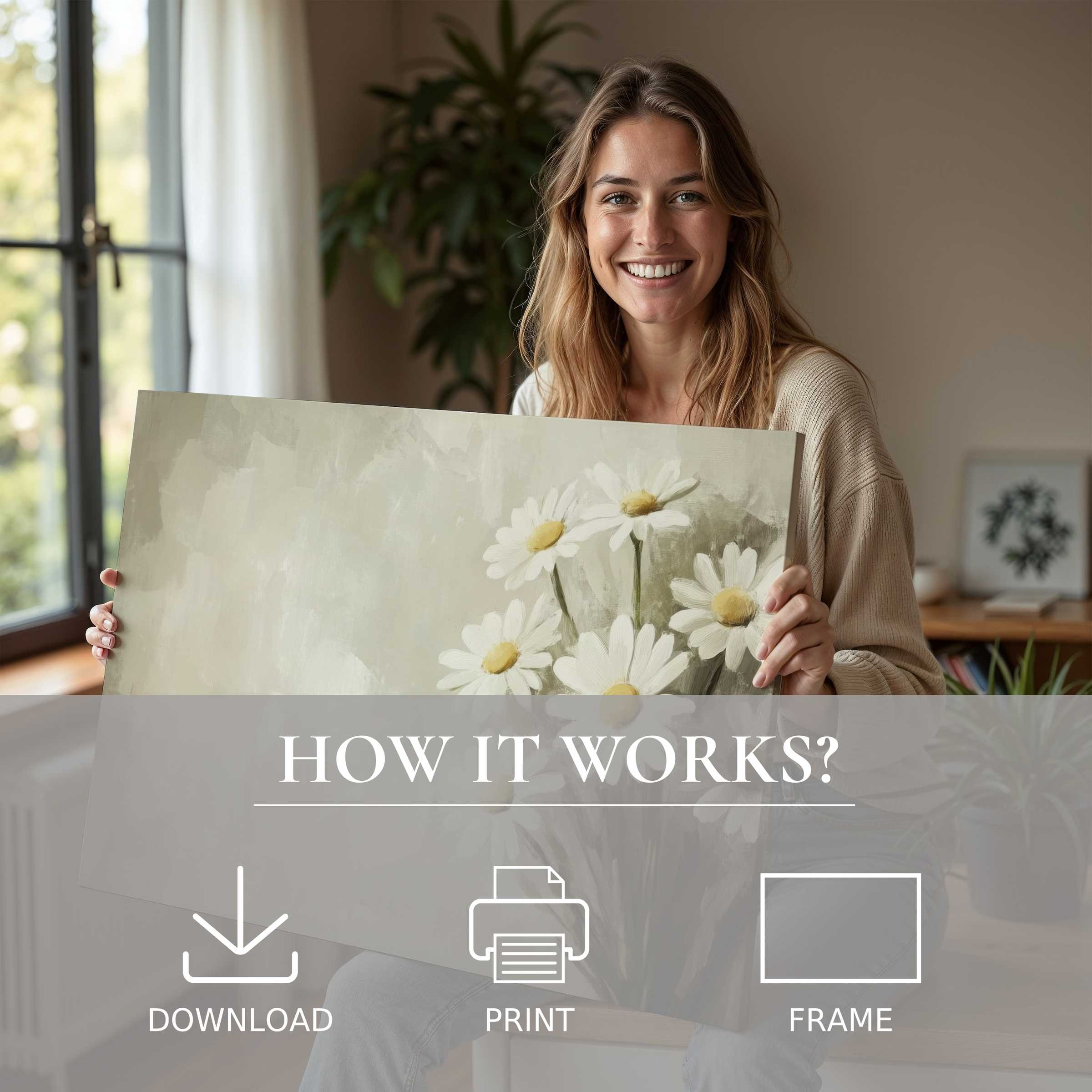 Bright spring digital art print with delicate daisies, embraced in a modern home, inspiring joy and seamless style