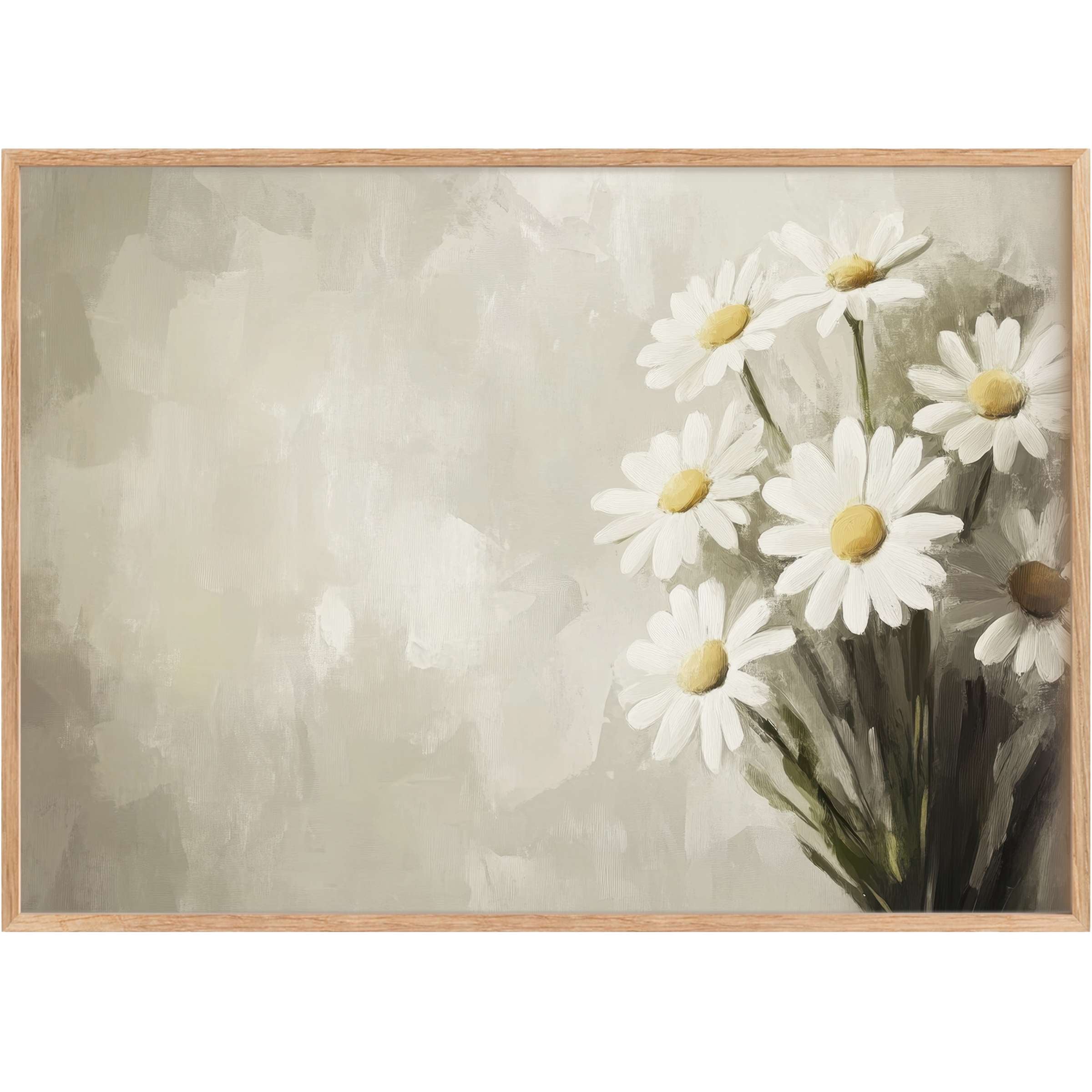 Elegant spring printable wall art featuring soft white daisies with warm yellow centers, creating a serene, uplifting ambiance
