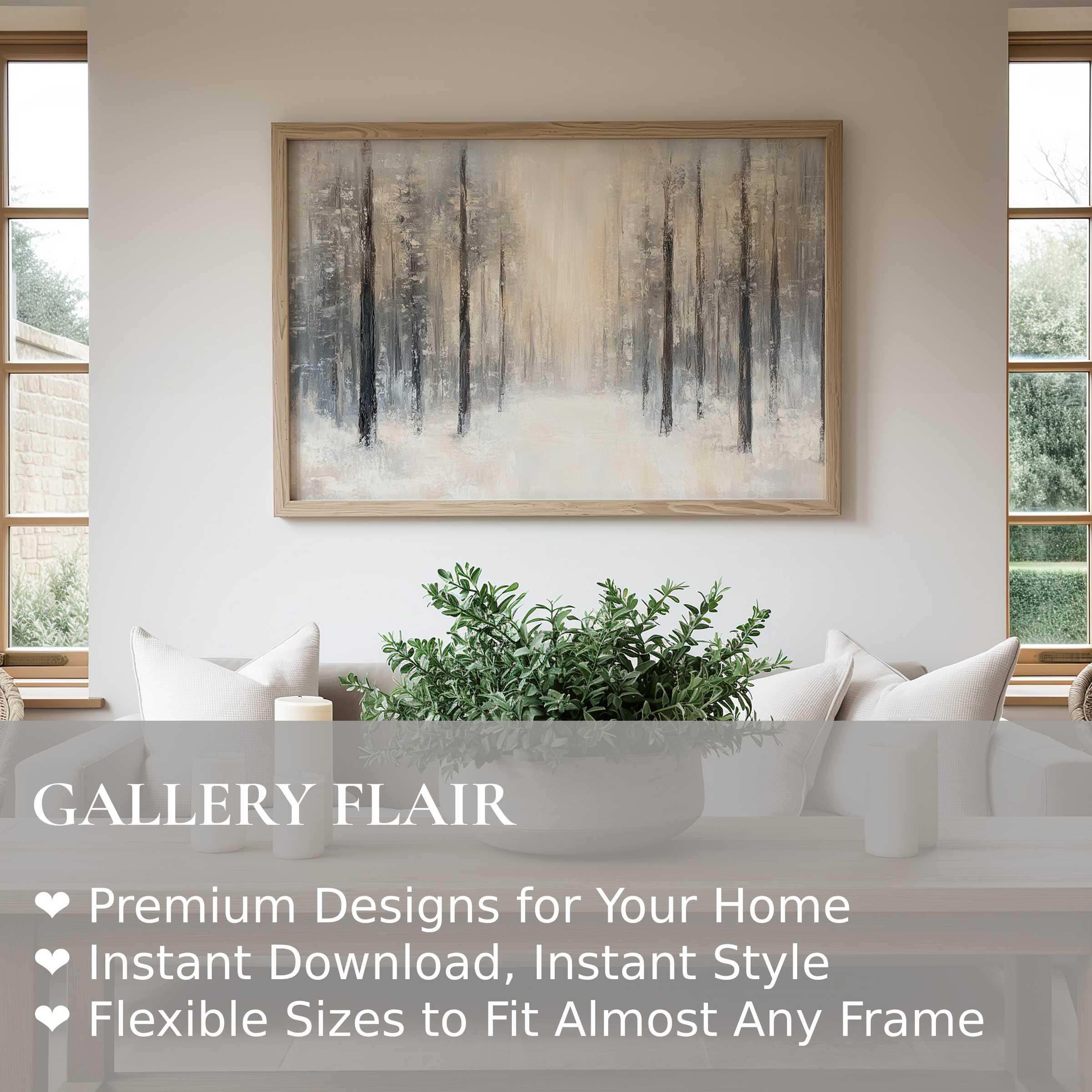 Winter wall art print showcasing a serene snow-covered forest with soft, muted tones, elevating modern minimalist interiors with calming, elegant ambiance