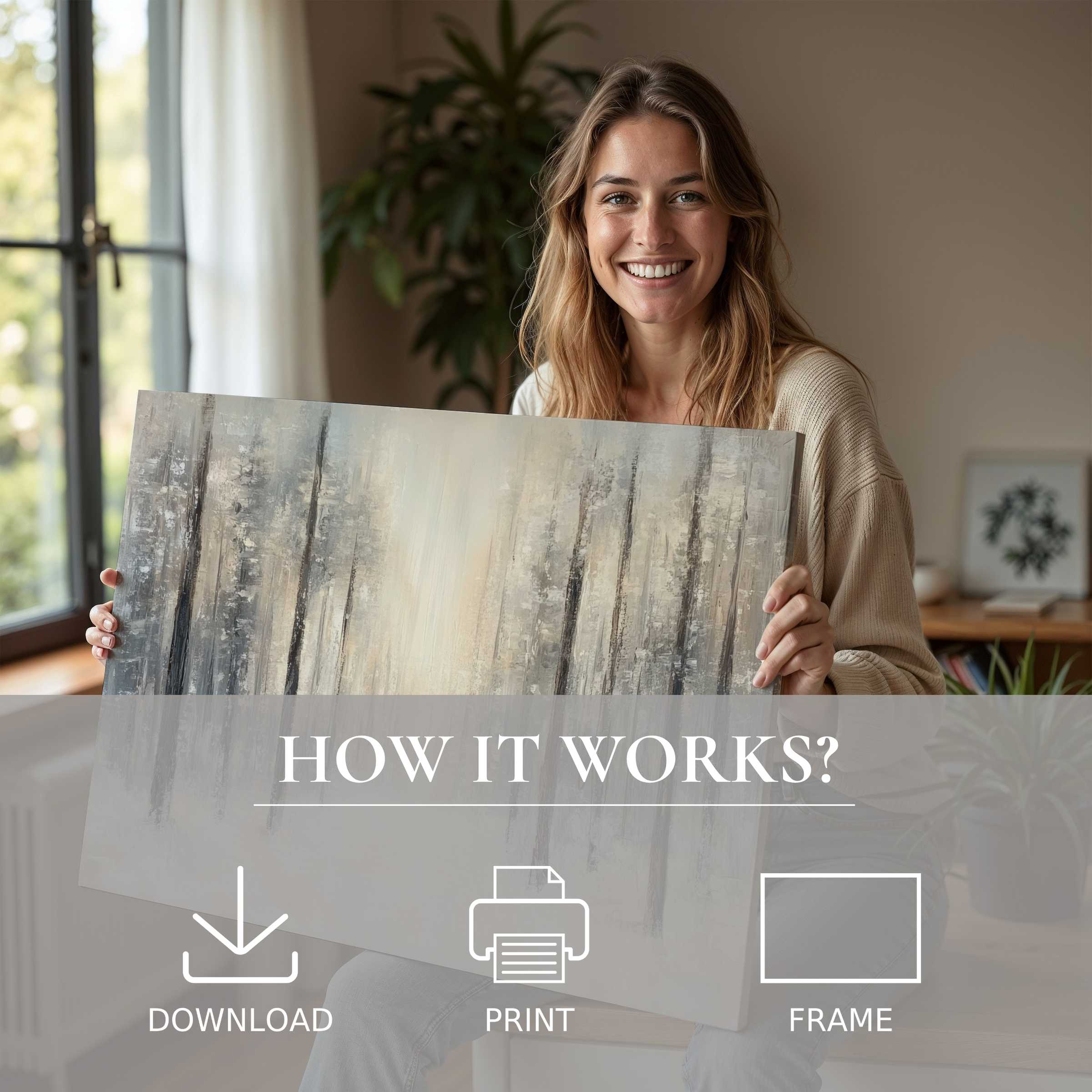 Radiating warmth and ease, this winter digital art print transforms serene spaces through graceful abstract tones and joyful connection