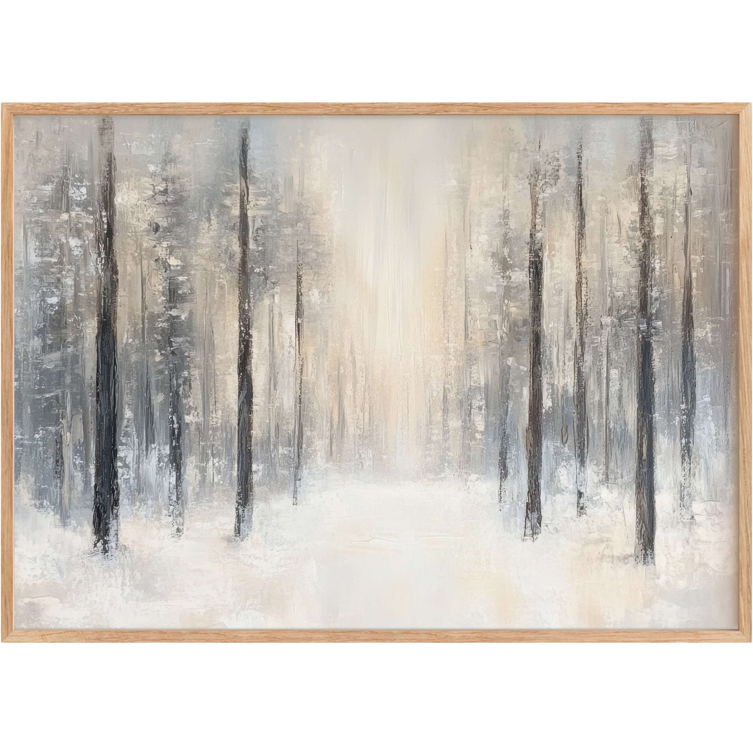 Winter printable wall art capturing a serene snowy forest glade, with soft grays and creams evoking tranquil elegance