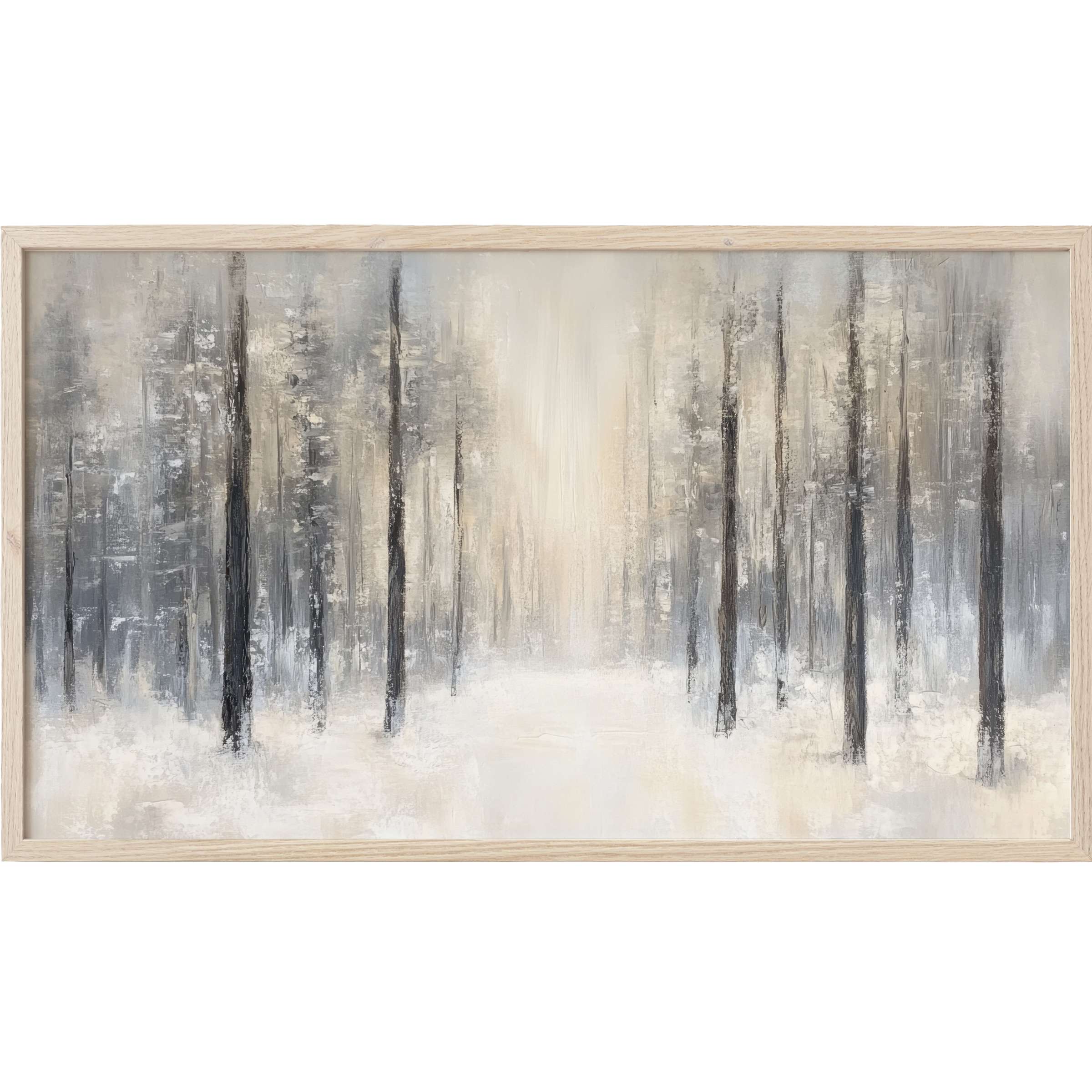 Winter Frame TV Art depicting a serene forest in muted grays and creams with a soft, textured, modern style